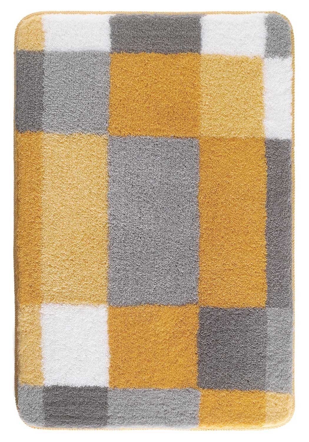 Badematte EDGE, Weiß, Grau, Gelb, 90 x 60 cm, Muster, Höhe 20 mm, rutschhemmend beschichtet, fußbodenheizungsgeeignet, Polyacryl, rechteckig, waschbar