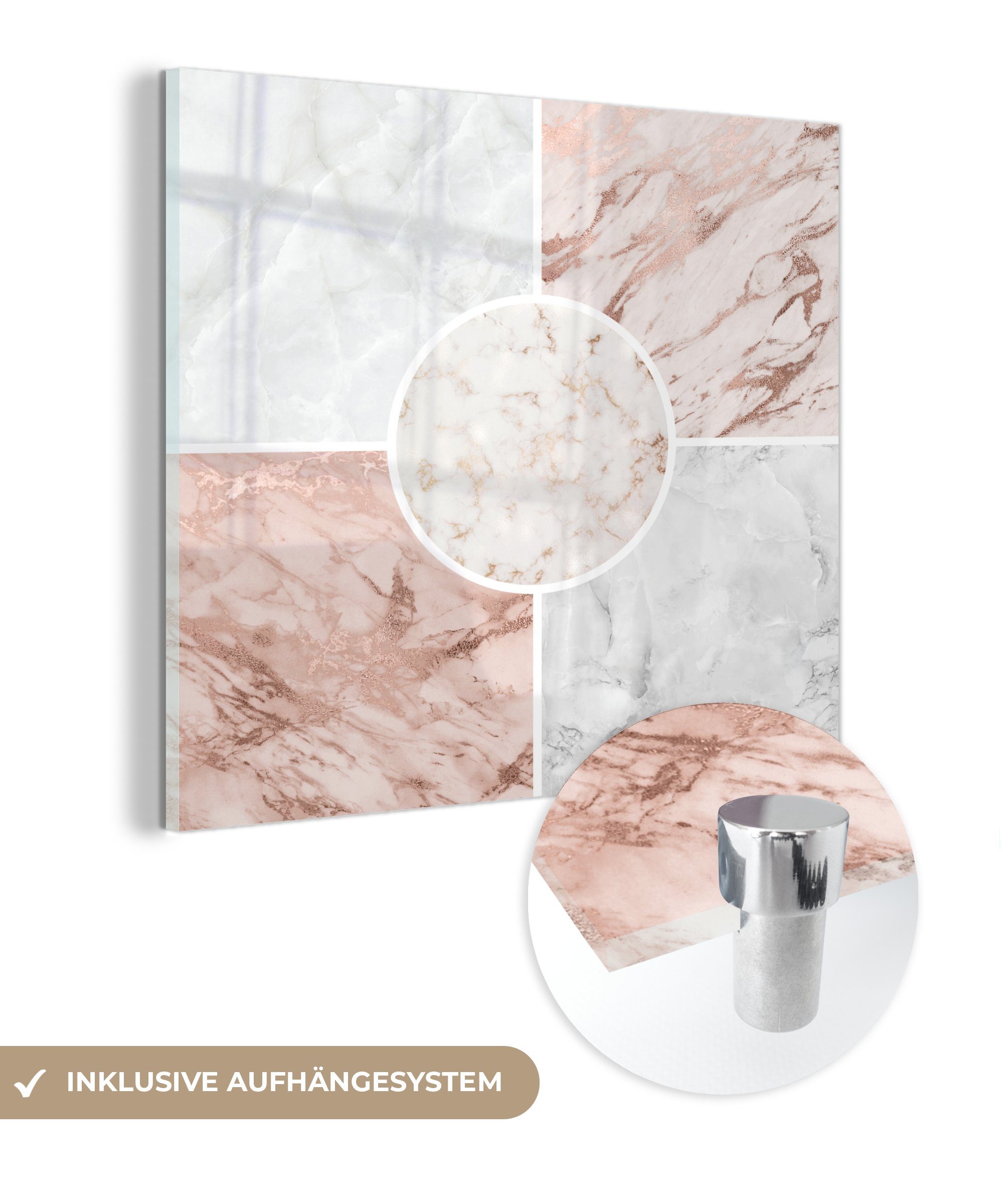 MuchoWow Acrylglasbild Marmor - Rosa - Weiß, (1 St), Glasbilder - Bilder auf Glas Wandbild - Foto auf Glas - Wanddekoration