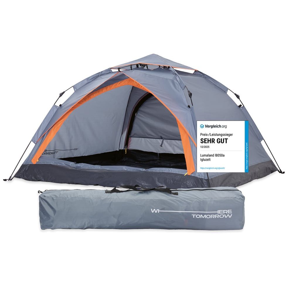 Lumaland Kuppelzelt Pop Up Zelt - 3-Personen-Zelt mit Doppeltür, Wurfzelt Trekkingzelt - 210x190x110 cm - Grau