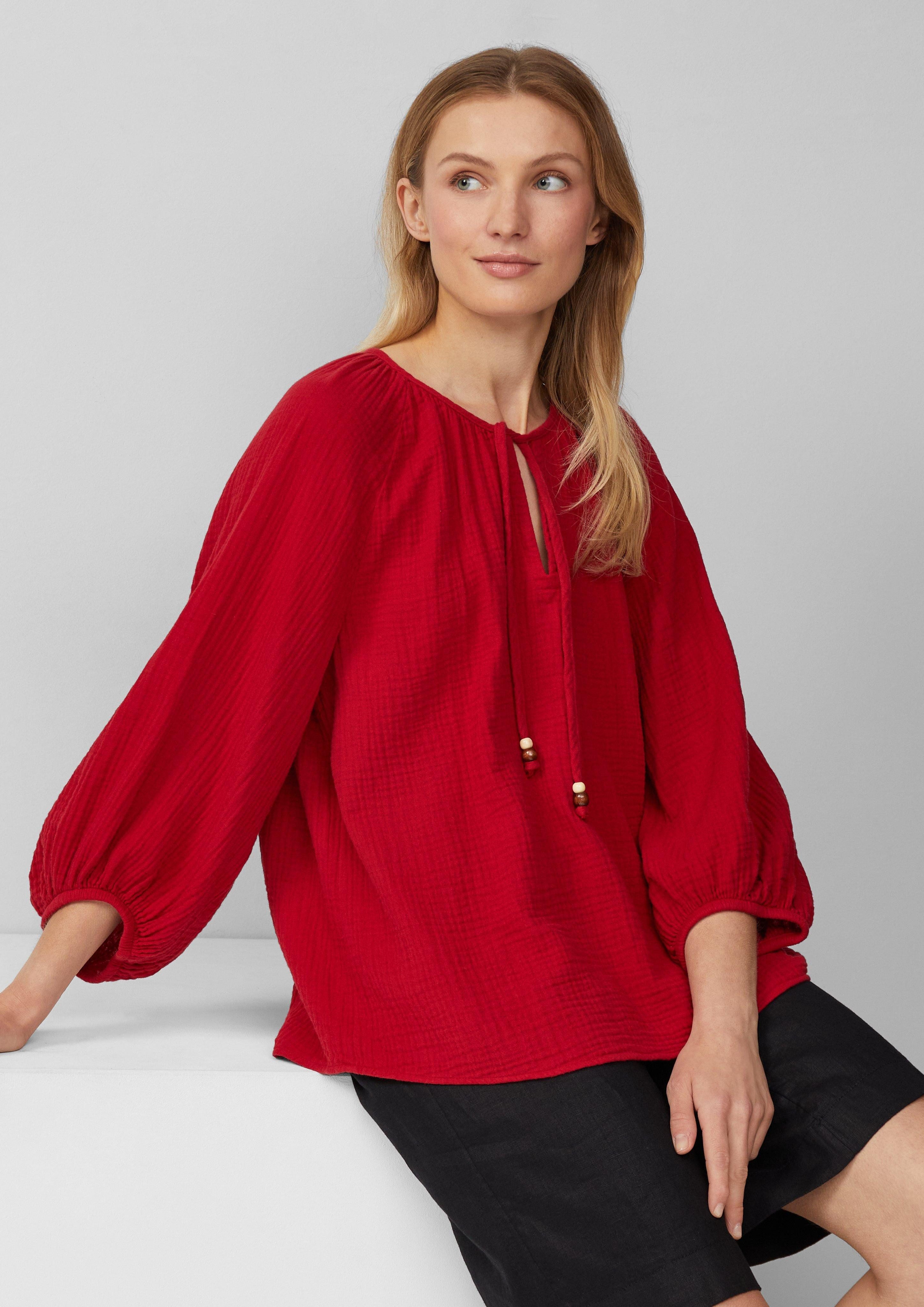 Langarmbluse Musselin-Bluse mit Raglanärmeln und Raffung
