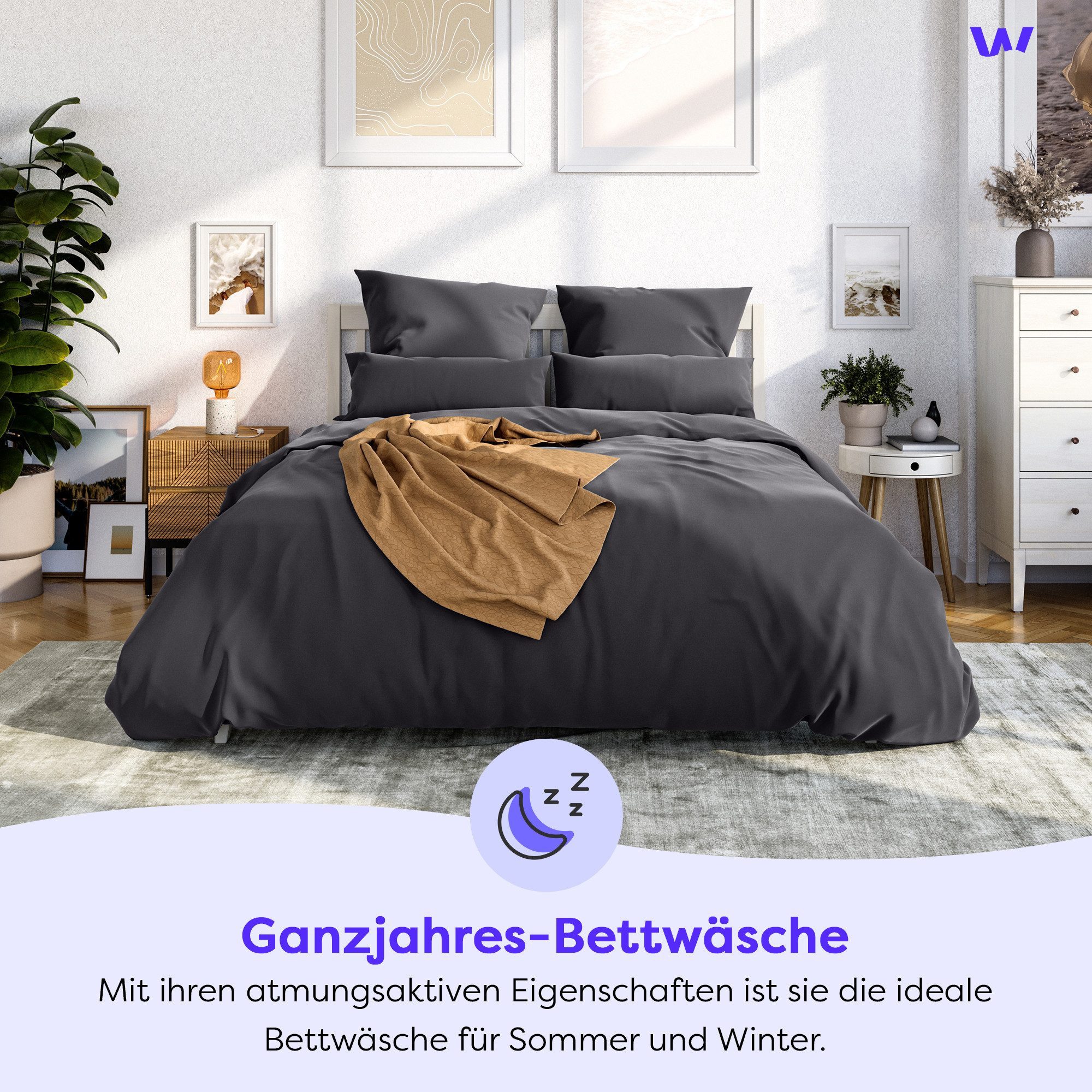 Wolkenfeld Bettwäsche Mako-Satin Baumwollsatin Sommerbettwäsche, Mako-Satin, 2 teilig, 135x200 cm, 155x220, 200x200 & Übergrößen I inkl. Kissenbezüge 80x80 – Bild 3 von 5