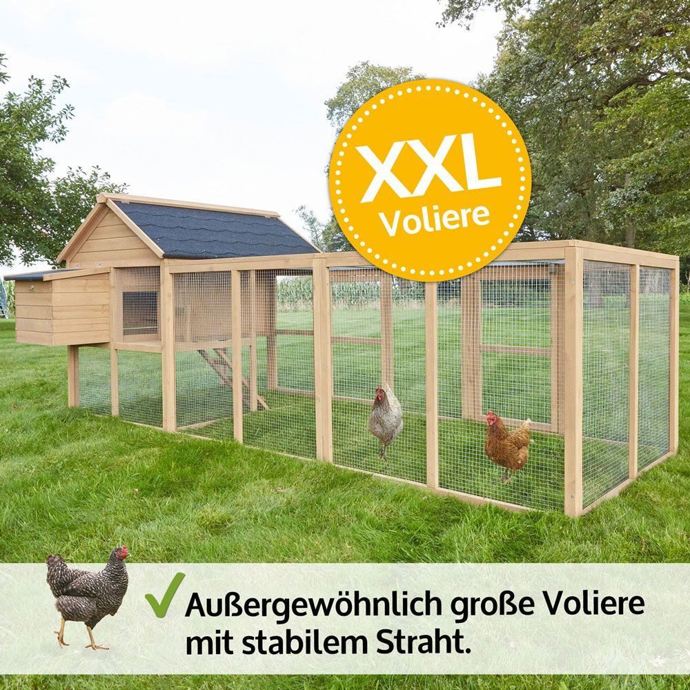 Zooprinz Hühnerstall Hühnerhaus Hühnervoliere Happy Huhn XXL mit Freilauf Wetterfest, Winterfest, Nistkasten, Kotschublade, Sitzstangen, Hühnerleiter