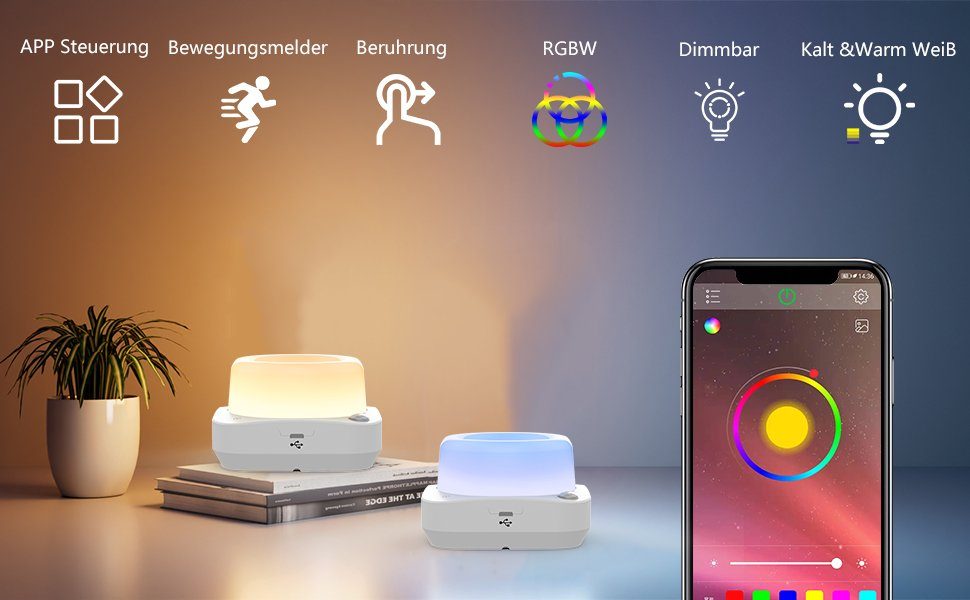 dimmbar, App-Steuerung Diyarts fest mit Farbwechsel, LED integriert, aufladbar stufenlos Timer, LED USB Nachtlicht,