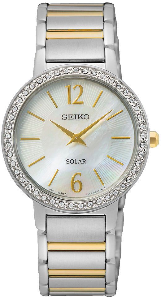 Seiko Solaruhr SUP469P1, Armbanduhr, Damenuhr, Perlmutt-Zifferblatt, Kristallsteine