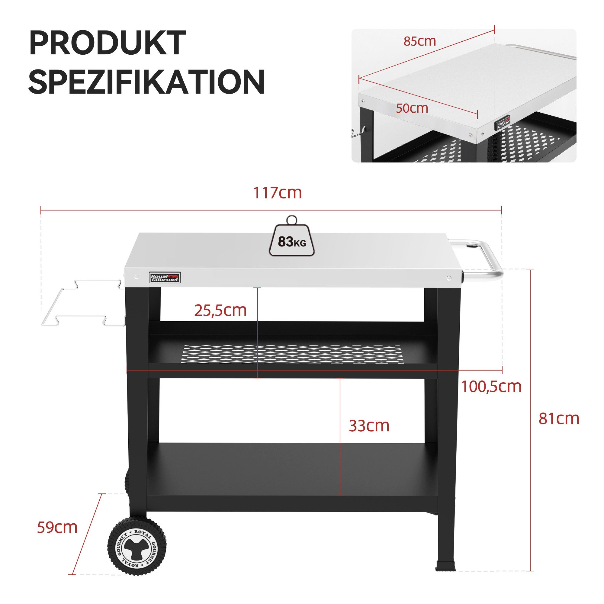Royal Gourmet Grillablagetisch Servierwagen 3-Etagen mit Müllsackhalter Küchenwagen, Edelstahl Beistelltisch Outdoor, 117B x 59T x 81H cm