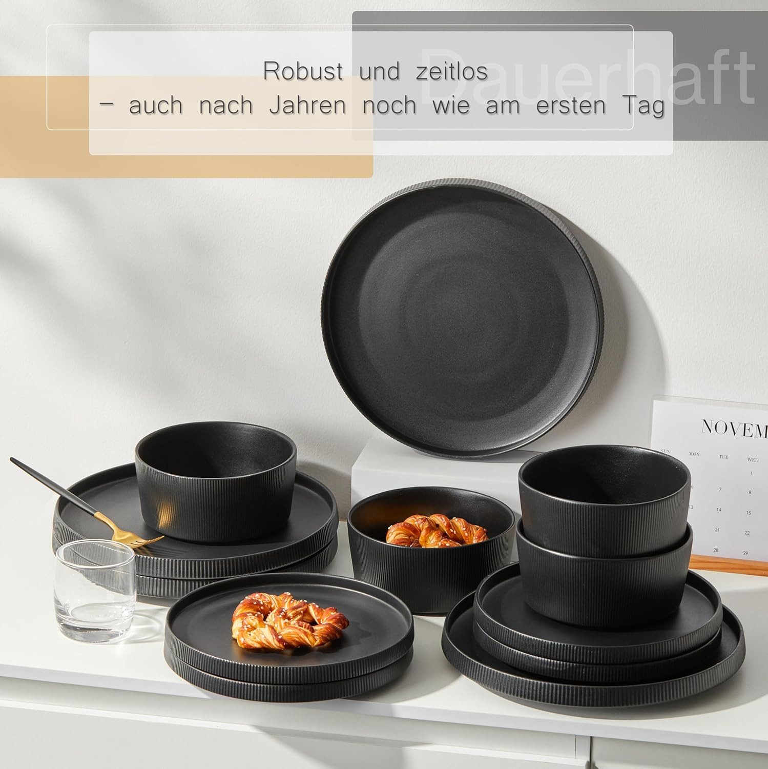 JIWOO Geschirr-Set 12tlg Kombiservice Teller-Set Tafelservice Schüssel-Set Speiseteller (12-tlg), 4 Personen, Keramik, Hochwertiges Geschirr set Schwarz Mikrowe – Bild 5 von 5