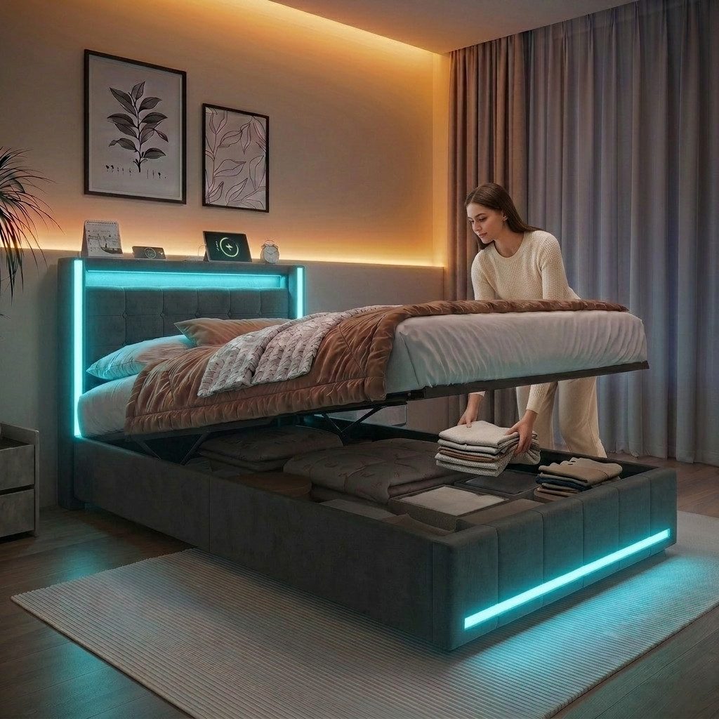 PXloue Polsterbett LED Doppelbett, Einzelbett, Bettkasten, Ladefunktion, Leinen, 90x200 cm – Bild 2 von 5