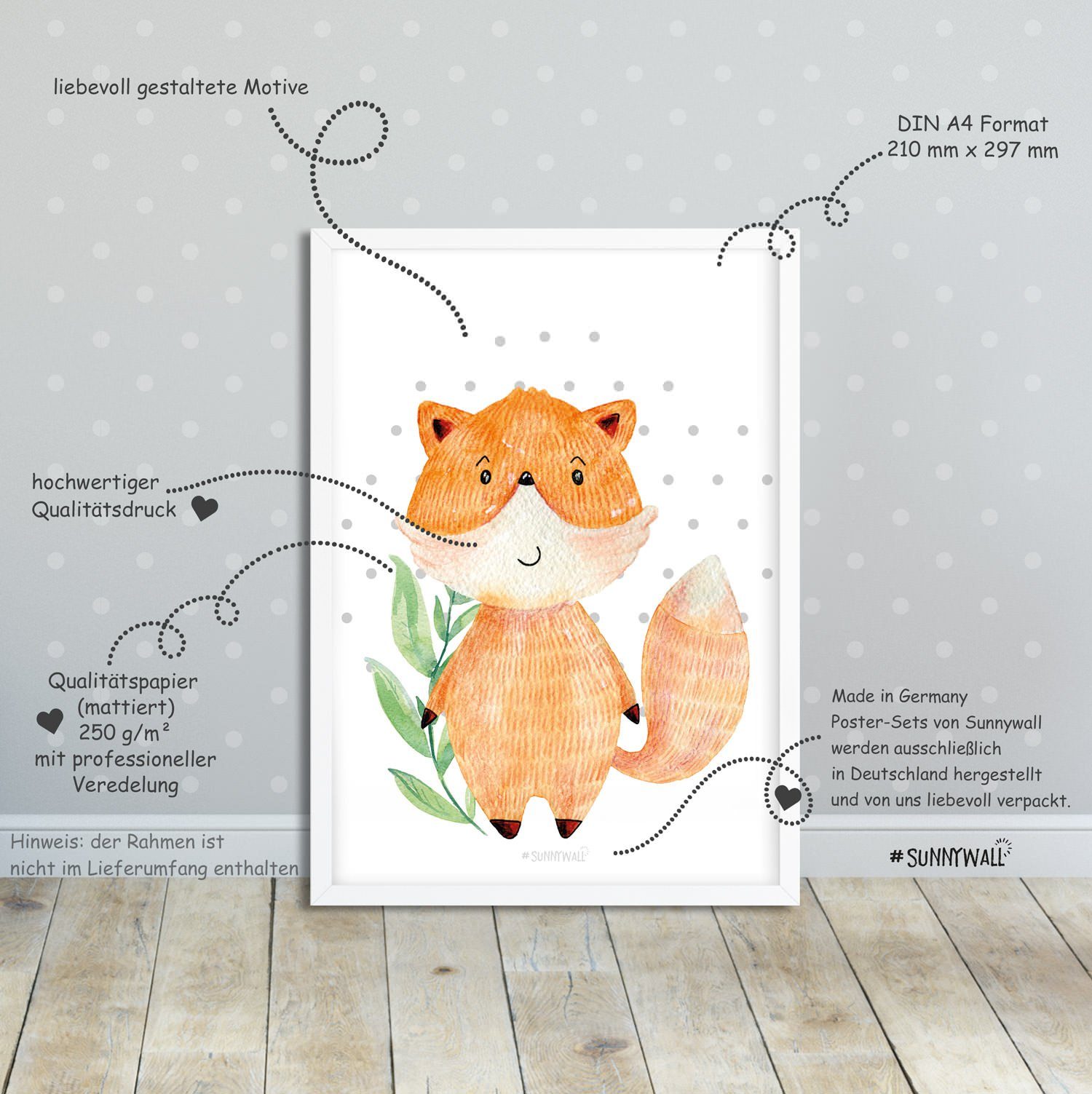 Sunnywall Poster Poster Kinderzimmer Fuchs Igel Bär Waldtiere Woodland (4er Set), Fuchs, Igel Bär (Woodland-Waldtiere) (Set, 4 St), ungerahmt