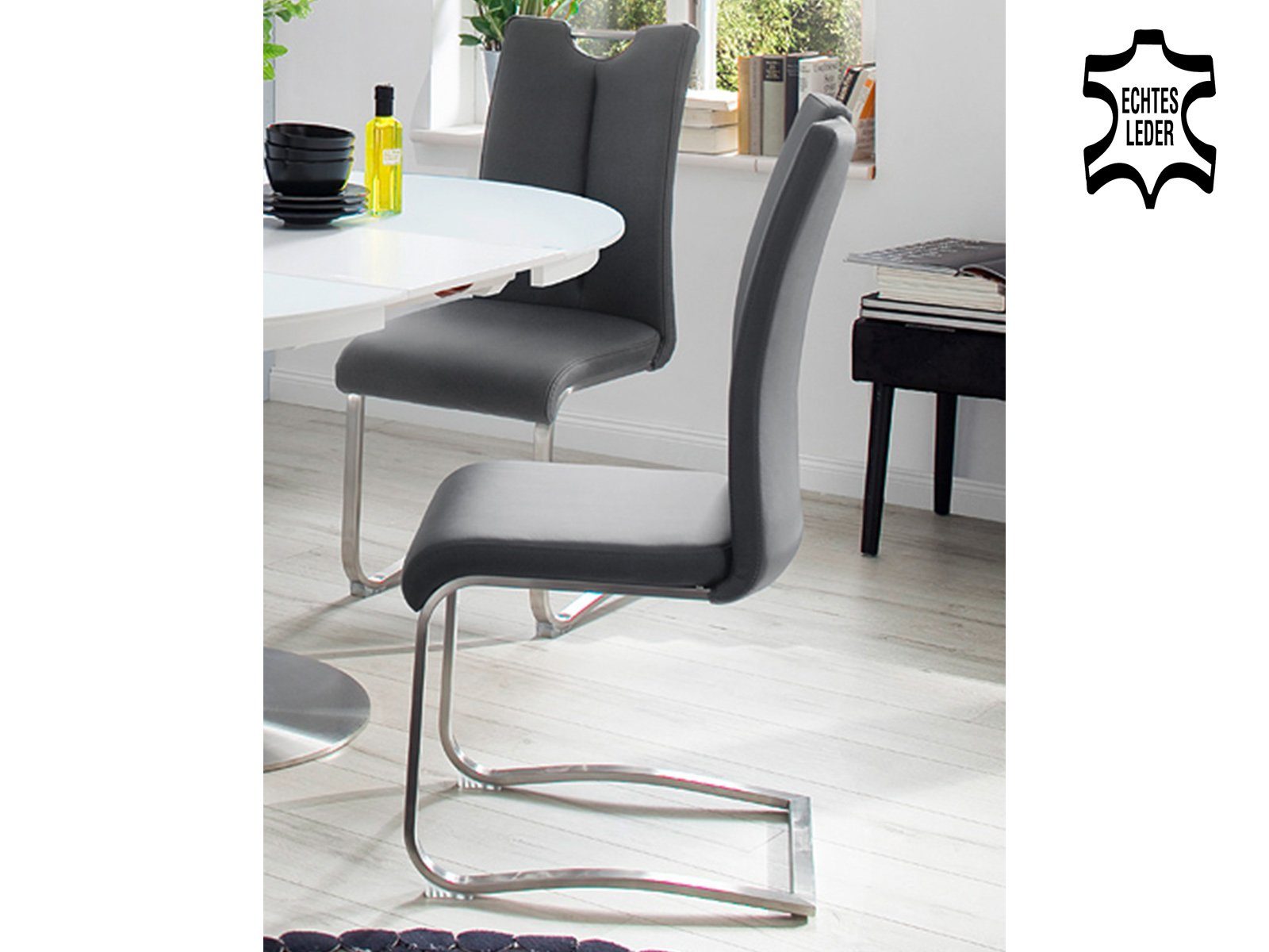 möbelando Esszimmerstuhl Esszimmerstuhl >Kerrin< (2-er Set) in grau aus Echtleder - 45x102x58cm, (2-er Set) in grau aus Echtleder - 45x102x58cm (BxHxT)