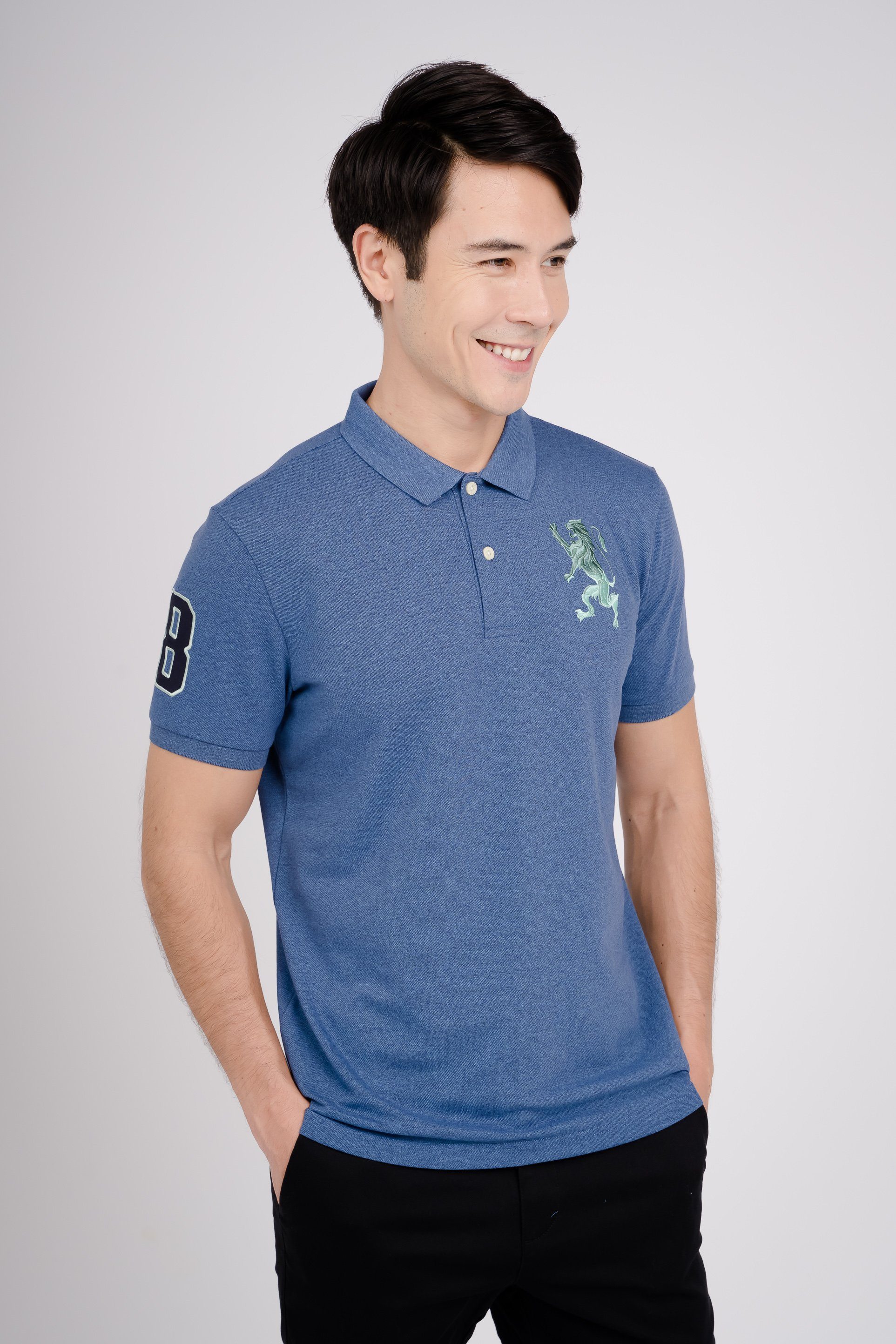 GIORDANO Poloshirt 3D Lion mit toller Stickerei blau