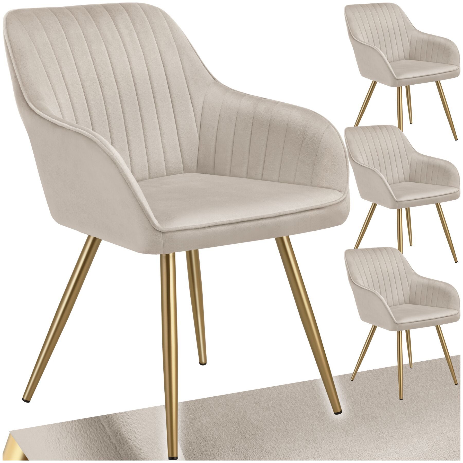 tectake Esszimmerstuhl Polstersessel gepolstert, in Samtoptik, gesteppt, 58 x 62 x 82 cm (Küchenstuhl Marilyn in taupe/gold, 4 St), schlanke, goldene Stahlbeine, bodenschonend, Belastbarkeit 120 kg