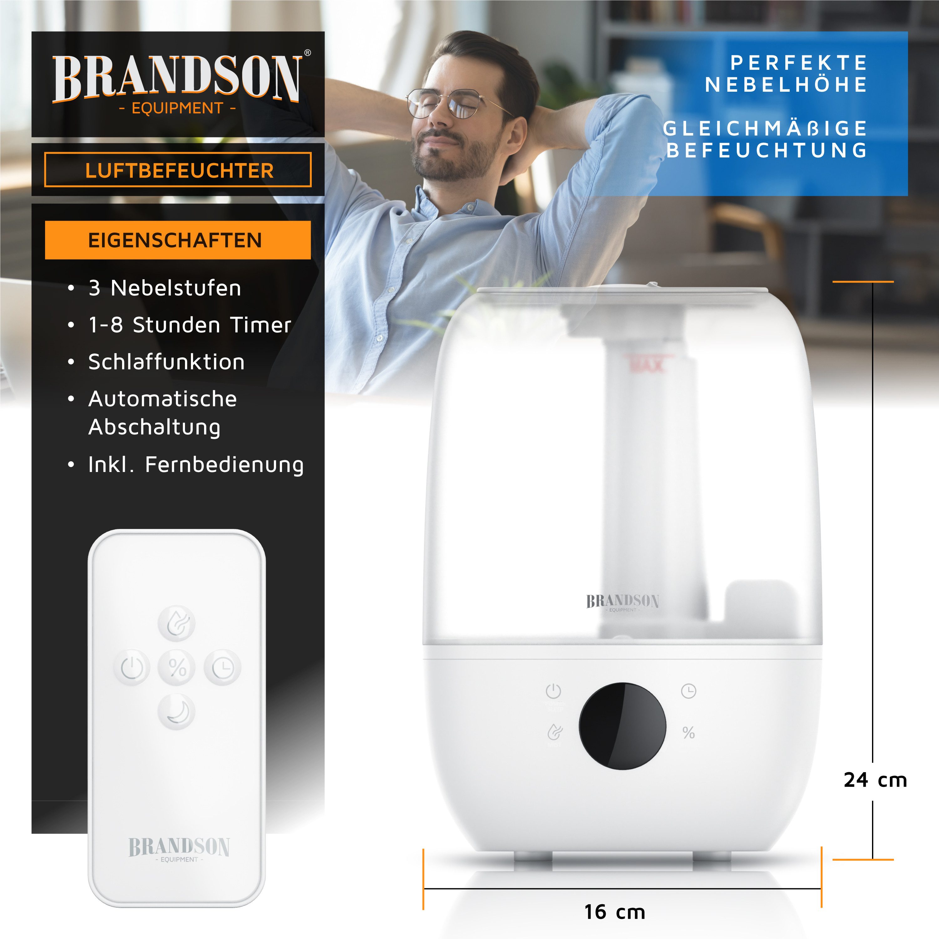 Brandson Luftbefeuchter Digitales Display, 2 L Wassertank, Fernbedienung, 2 l Wassertank, Fernbedienung, 3 Nebelstufen, Timer 1–8 h, leise 35 dBA, Sleep Modus