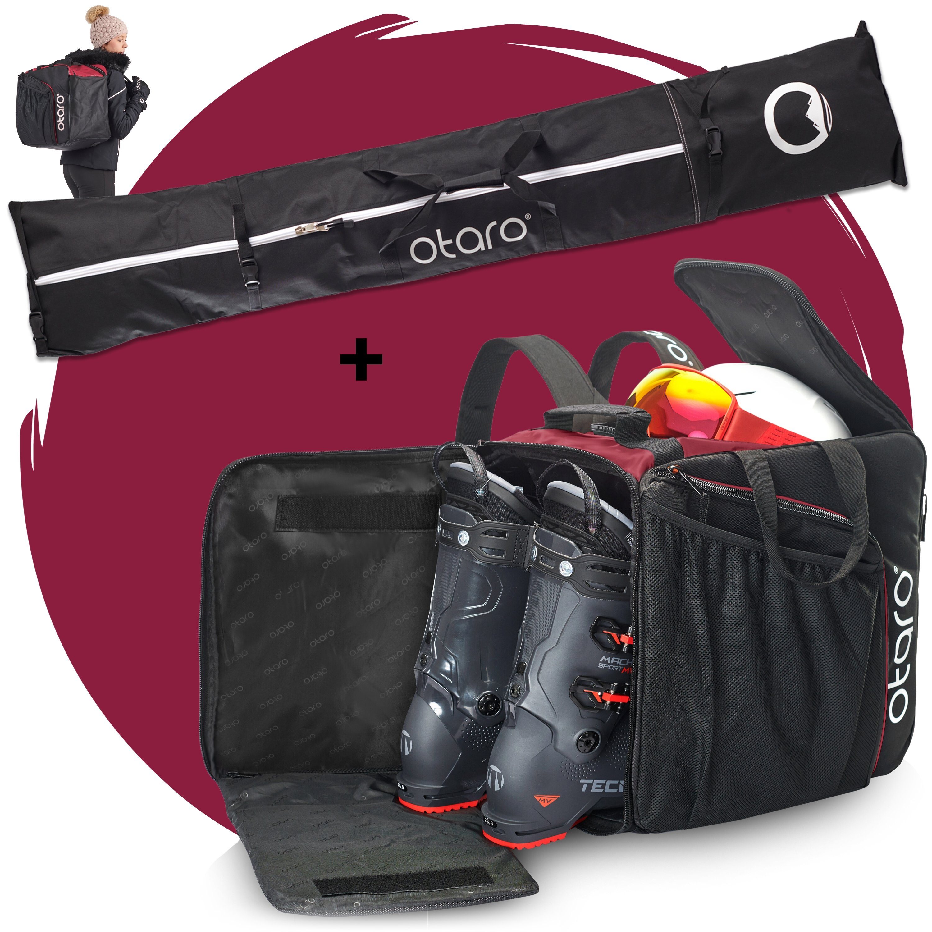 Skischuhtasche mit deine Bordeauxrot Standfläche, Ausrüstung, Stöcke) Otaro + 2 für (Schutz 2 Set: Ski durchdacht, für Paar ausklappbare Schuhfach Schwarz Perfekt & Ski Paar Skitasche, Skitasche Pro-Set für