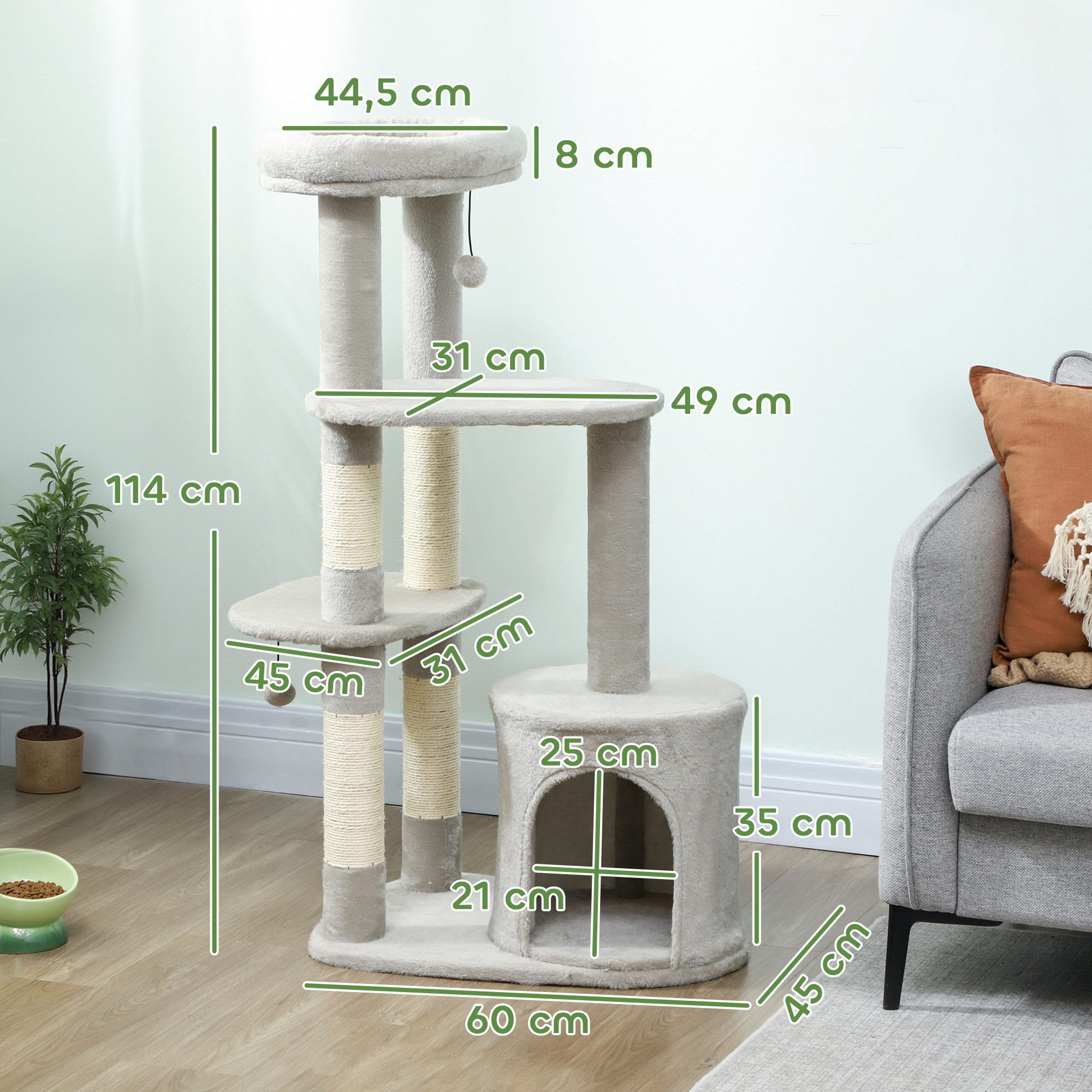 PawHut Kratzbaum Plüsch, für Katzen unter 6 kg, Mit hängendem Ball, Sisal-Kratzsäulen, Hellgrau