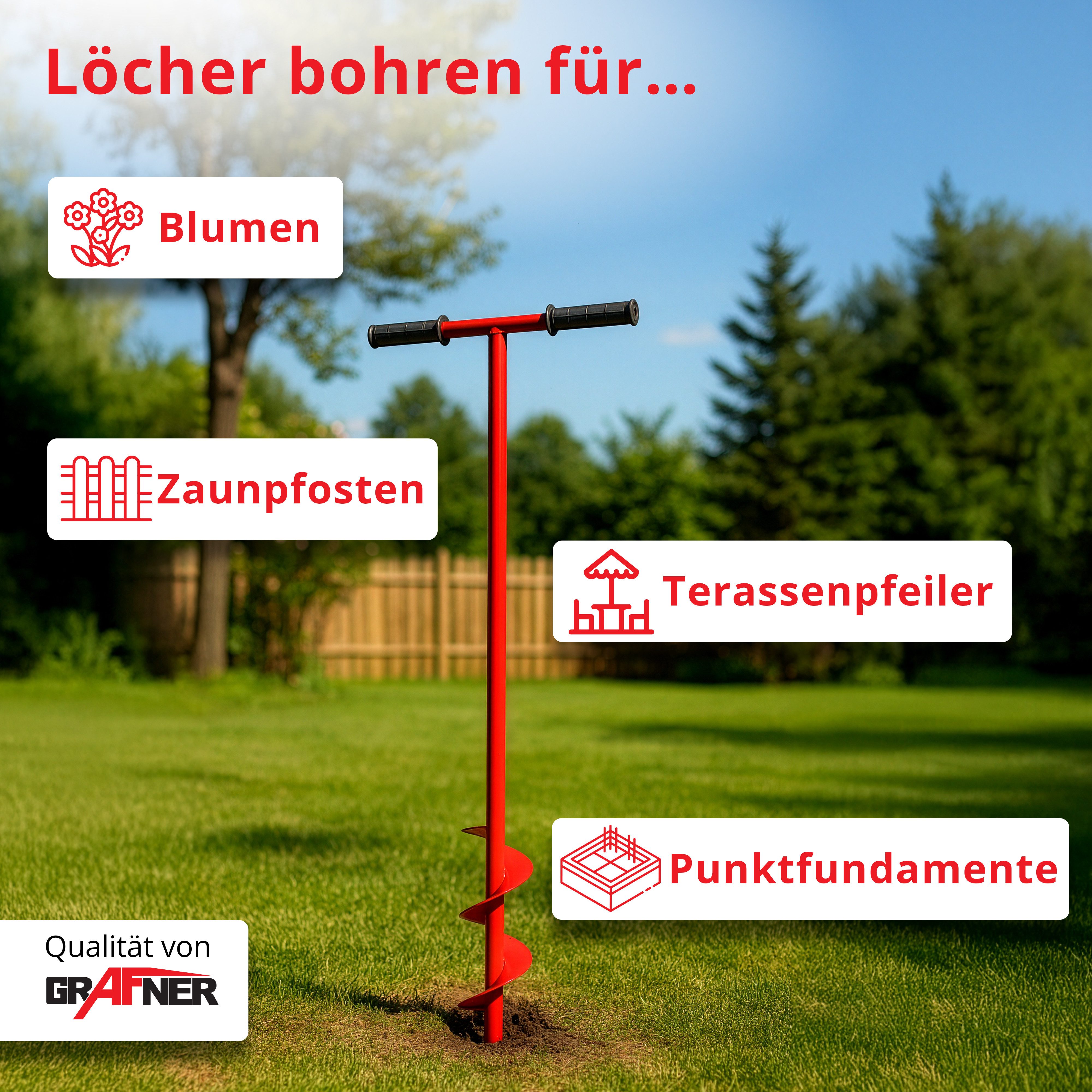 Grafner Handerdbohrer Handerdbohrer Erdlochbohrer Pfahlbohrer Pflanzbohrer 100cm, Bohrspindel, Heavy-Duty-Stahl