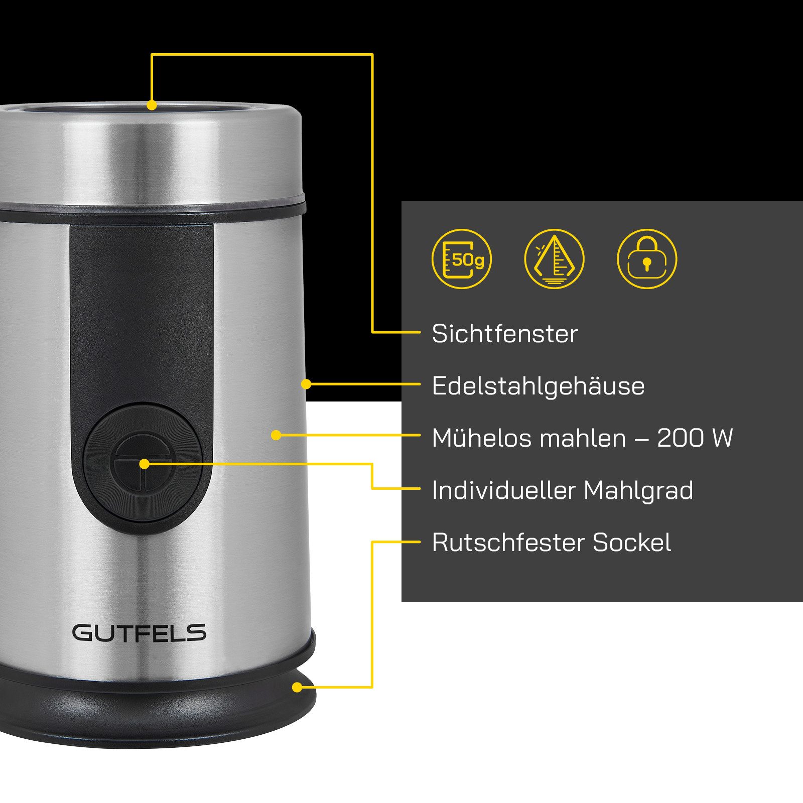 Gutfels Kaffeemühle COFFEE 5010, 200 W, Schlagmesser, 50 g Bohnenbehälter, zum Mahlen von Kaffeebohnen und Zerkleinern von Gewürzen oder Nüssen.