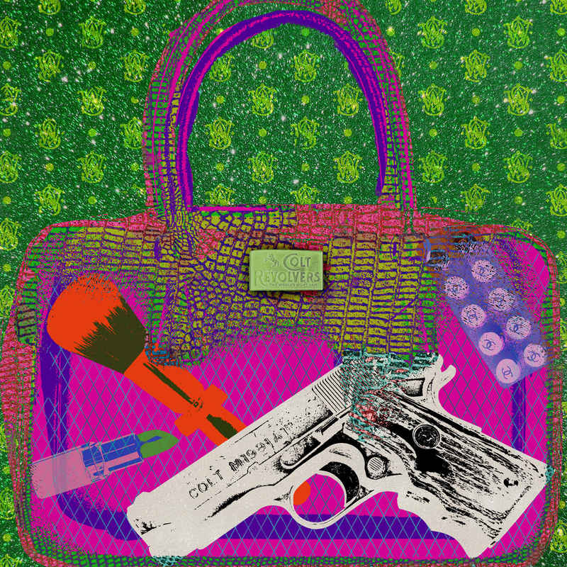 queence Acrylglasbild Tasche, Pistole, Lippenstift, bunt, Tasche, Inkl. rückseitiger, vormontierter Aufhängung