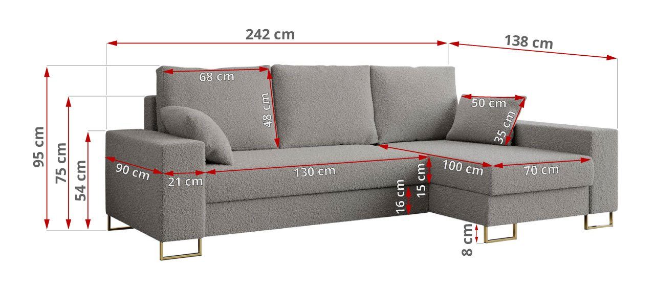 MKS MÖBEL Schlaffunktion or und Ecksofa Hellgrau mit Now L-Form DORIAN, Never Bettkasten Couch