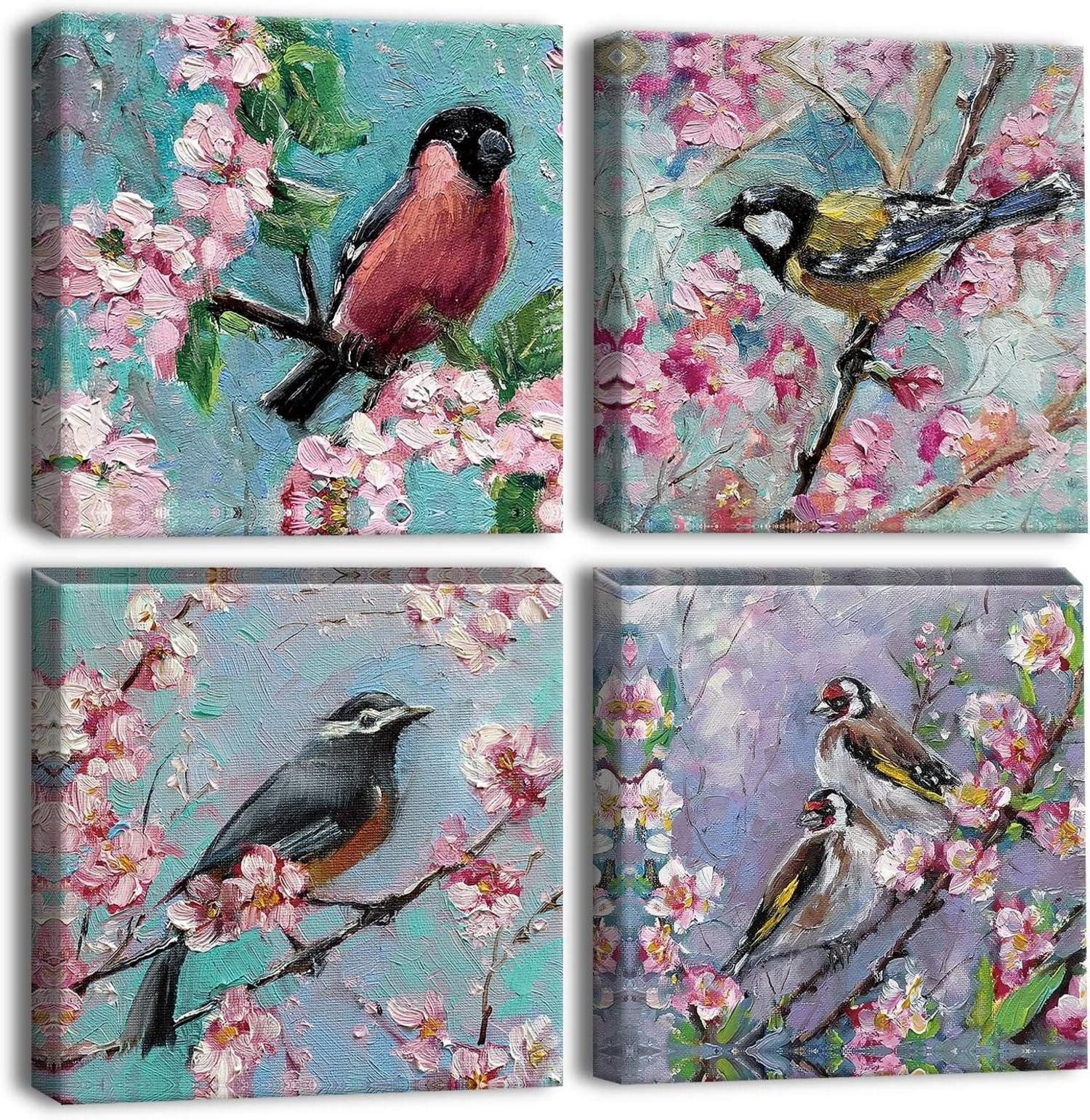 Mehrteilige Bilder 4-teilig Leinwandbilder Ölgemälde Blumen Vögel Wanddekoration 30x30cm