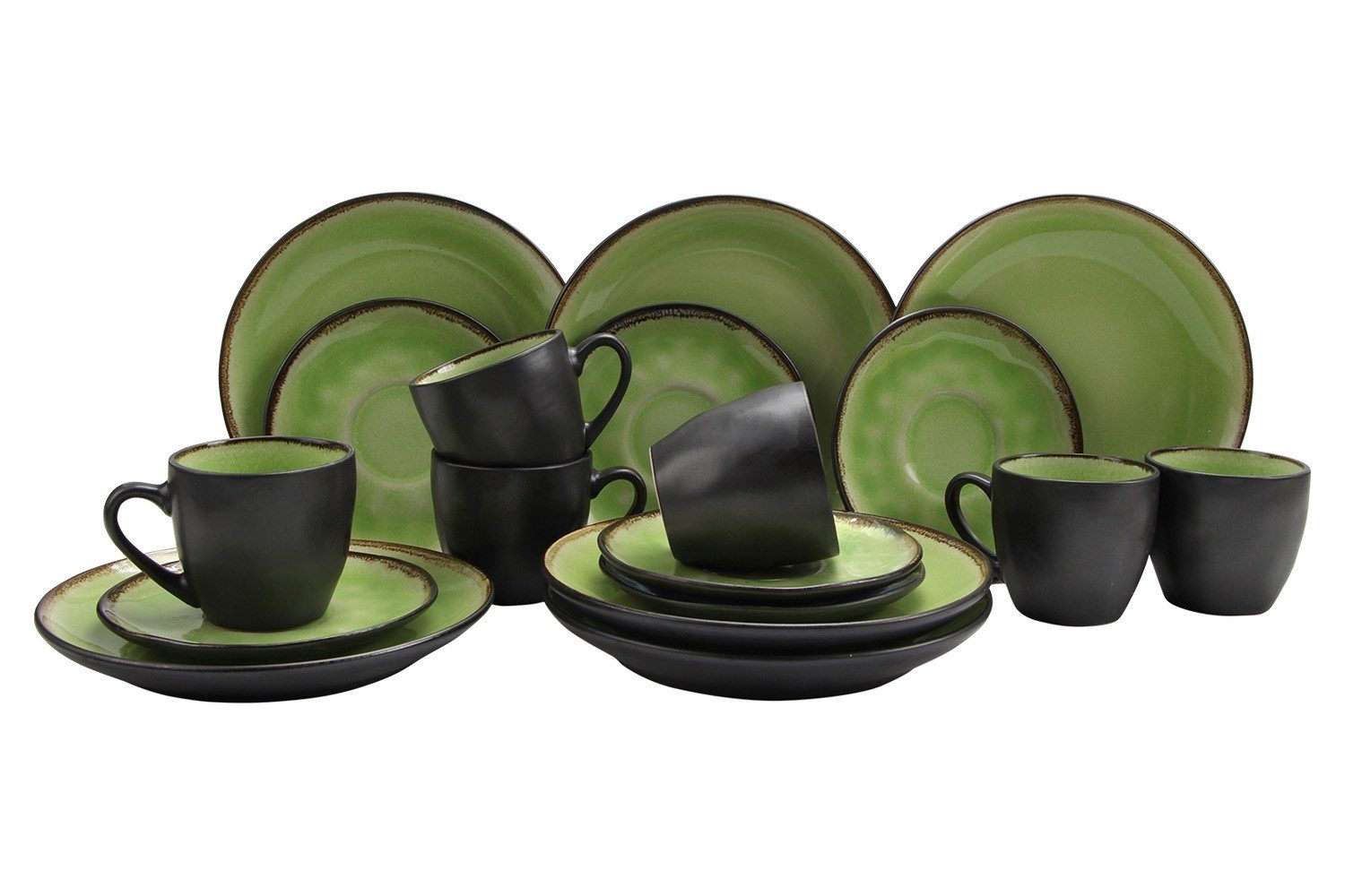 Kaffeeservice KORFI, Grün, Schwarz, Effektglasur, (18-tlg), 6 Personen, Keramik, Spülmaschinengeeignet