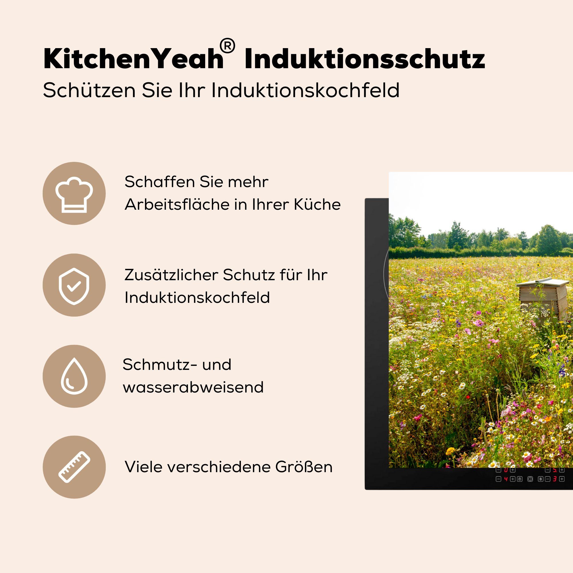 MuchoWow küche, Blumenfeld, tlg), die Bienenstock Herdblende-/Abdeckplatte im Vinyl, für 81x52 cm, Schutz Ceranfeldabdeckung Induktionskochfeld (1