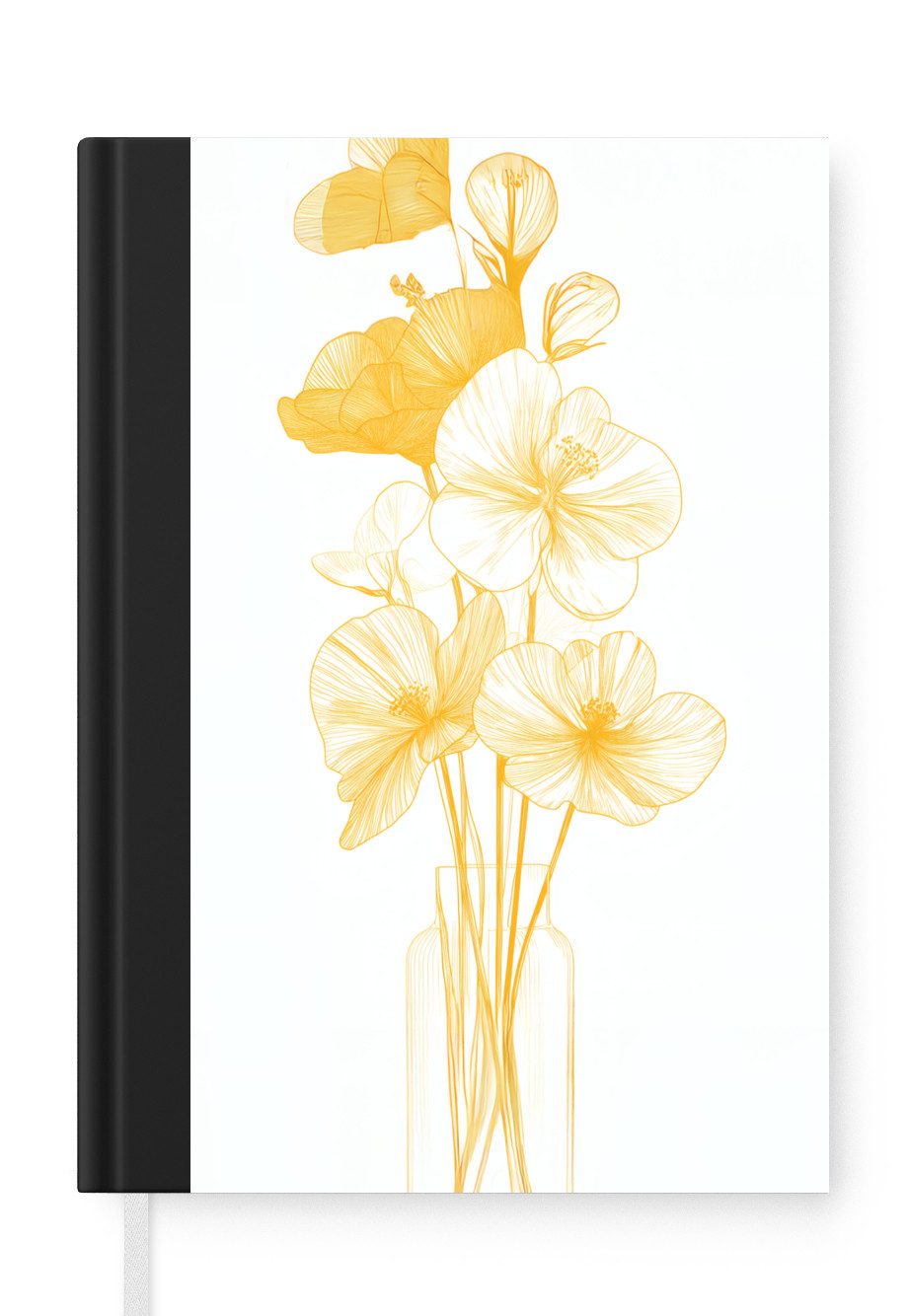 MuchoWow Notizbuch Strichzeichnung - Blumen - Gelb - Vase, Notebook, Notizblock a5, Tagebuch, Journal Liniert
