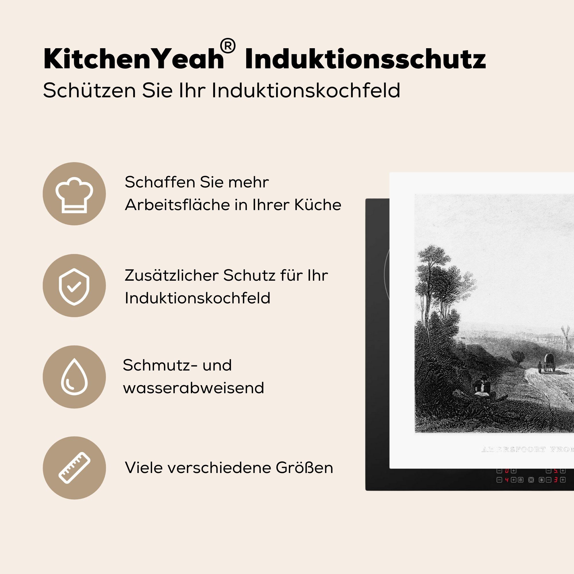 Ceranfeldabdeckung cm, 70x52 MuchoWow von Vinyl, tlg), Arbeitsfläche der (1 Eine Schwarz-Weiß-Abbildung Utrecht, Kathedrale Mobile nutzbar, Herdblende-/Abdeckplatte