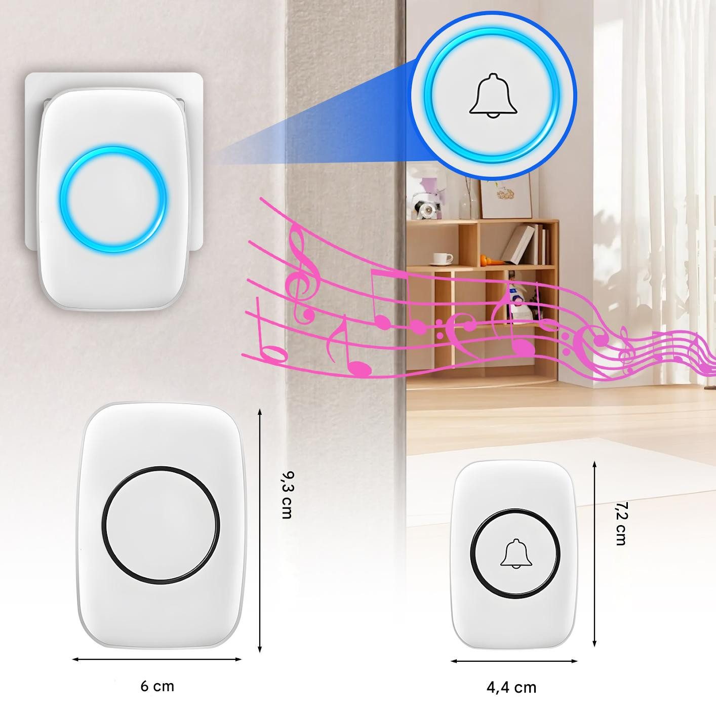 SinLaw Türklingel-Set Wasserdichte Funkklingel mit Fernbedienung und Lautstärkeregelung-Weiß