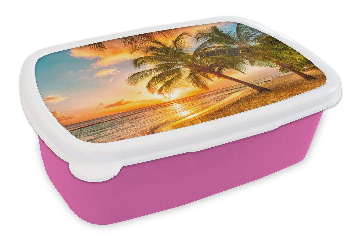 rosa - - Sonnenuntergang Kunststoff Snackbox, - Brotbox Erwachsene, Kunststoff, Wolken Meer MuchoWow Brotdose Strand, Kinder, (2-tlg), - für Mädchen, Lunchbox Palme