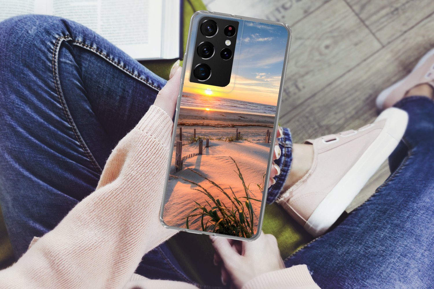 MuchoWow Handyhülle für Samsung Galaxy S21 Ultra Strand - Meer - Düne - Sonnenuntergang -, Phone Case, Silikon, Schutzhülle Dünn