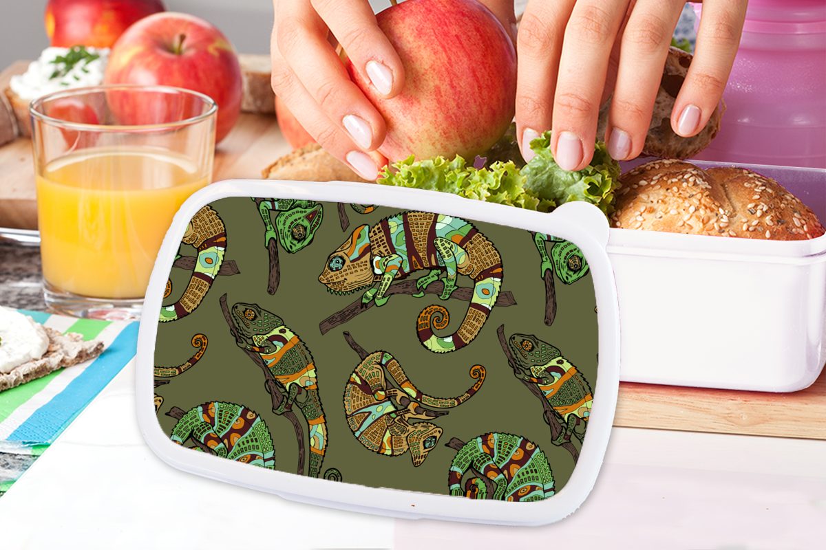 Kinder Kunststoff, und MuchoWow Jungs Lunchbox Muster Erwachsene, - Brotdose, für Mädchen Chamäleons, Dschungel (2-tlg), für weiß - und Brotbox