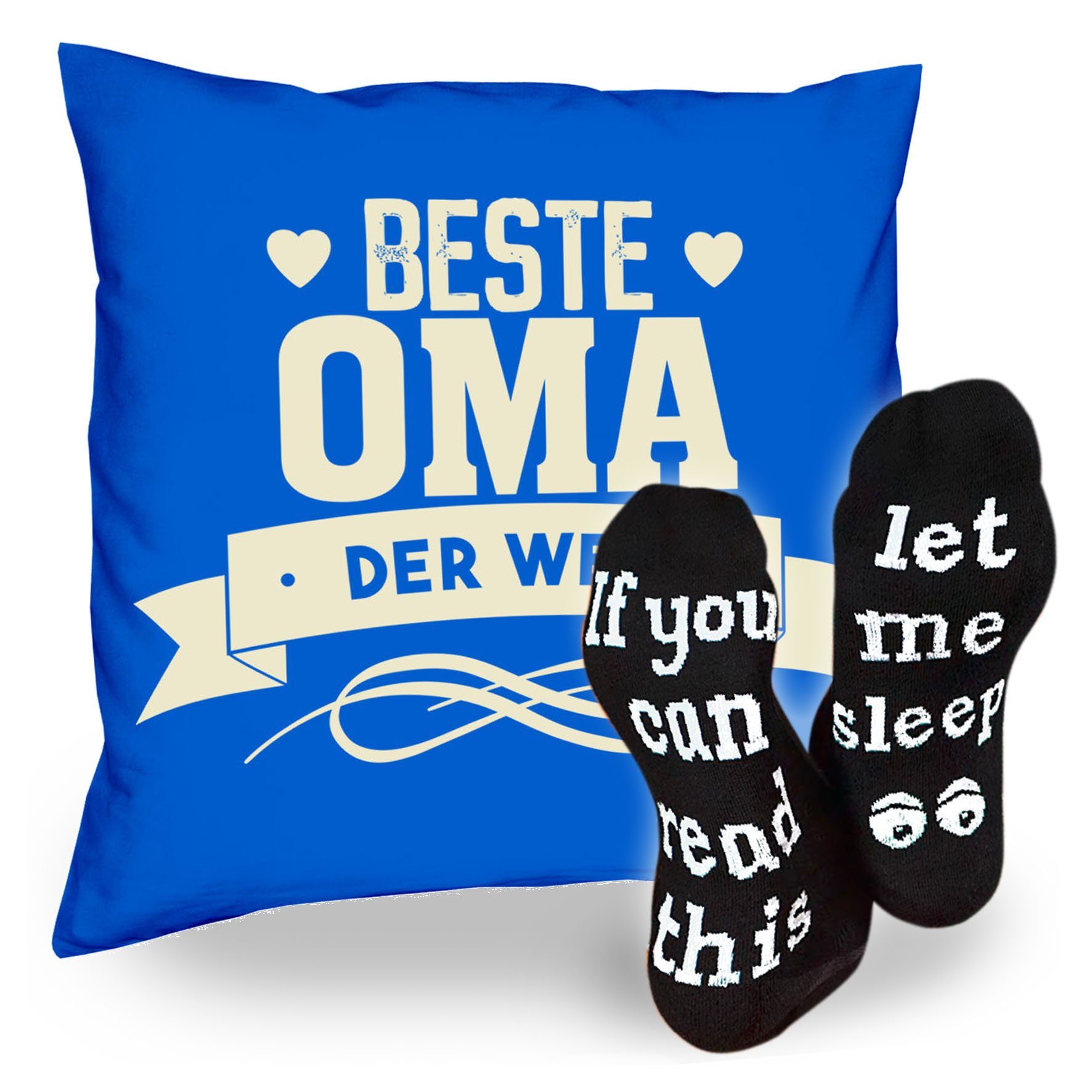 Soreso® Dekokissen Kissen Beste Oma der Welt & Sprüche Socken Sleep, Muttertagsgeschenk Oma Omatag royal-blau | Dekokissen