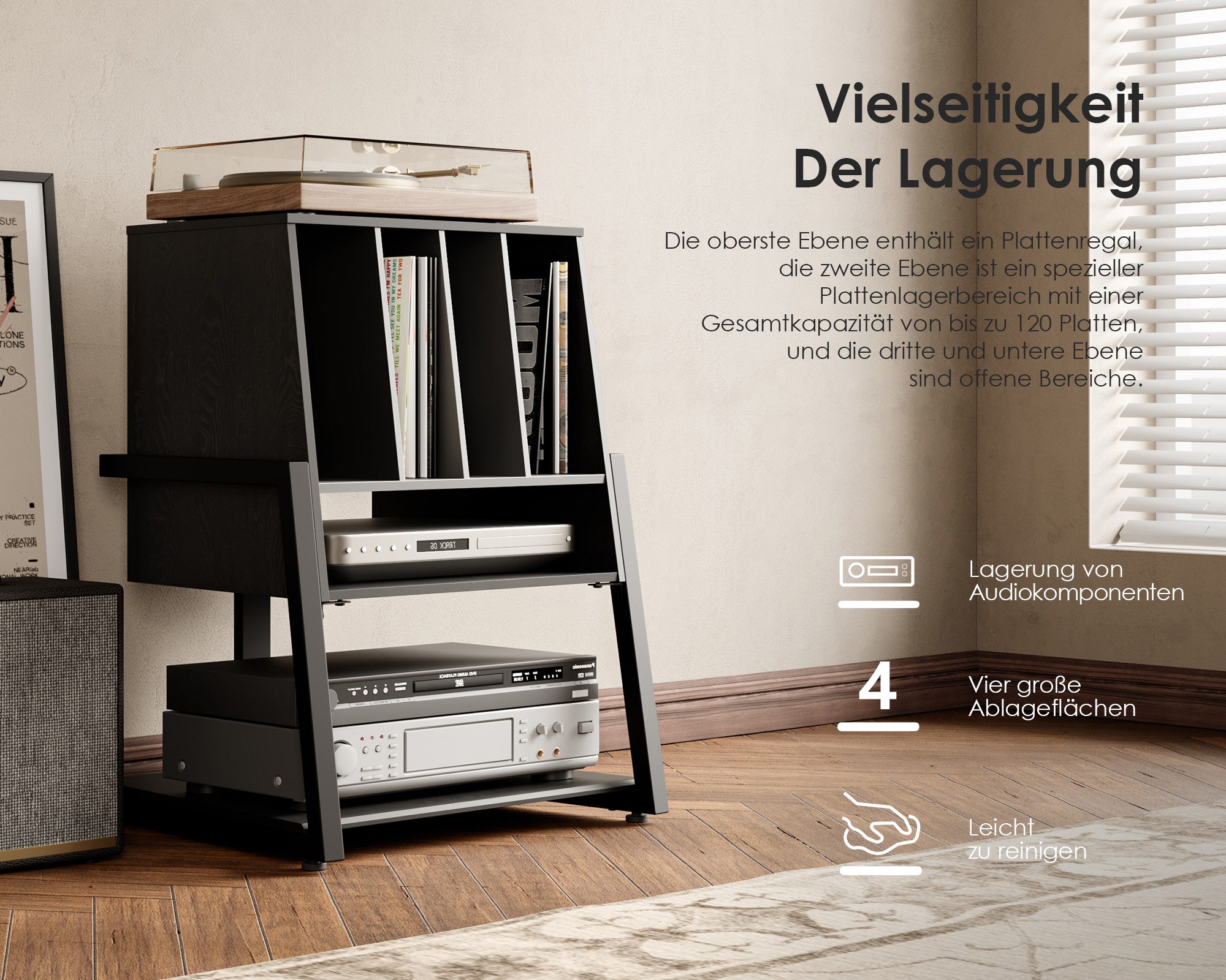 FITUEYES TV-Regal HIFI Rack mit 5 Fächern, 78 cm hoch, Stauraum für 120 Schallplatten, rutschfeste Füße, für Rollen nachrüstbar – Bild 3 von 5