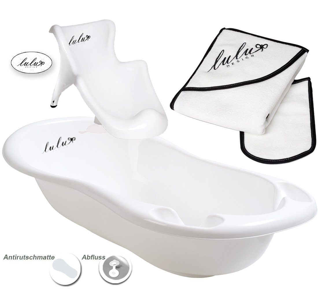 Maltex Babybadewanne 3 Teile Set- Lulu Weiß + Tuch - Wanne mit Abfluss, (Made in Europe), Spar Set - **Babyanne + Badesitz +Badetuch**