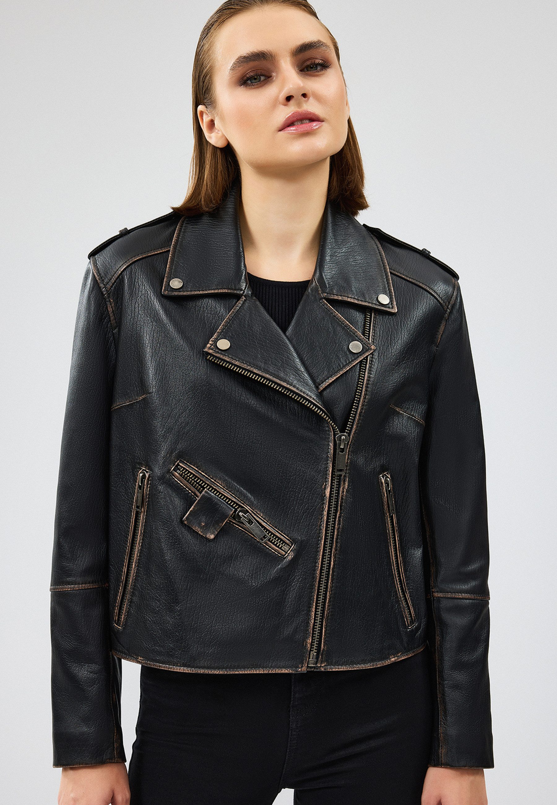 Derimod Lederjacke Oxford Biker-Lederjacke Regular Fit, Reißverschluss, Schalkragen, Kurz, Textilfutter