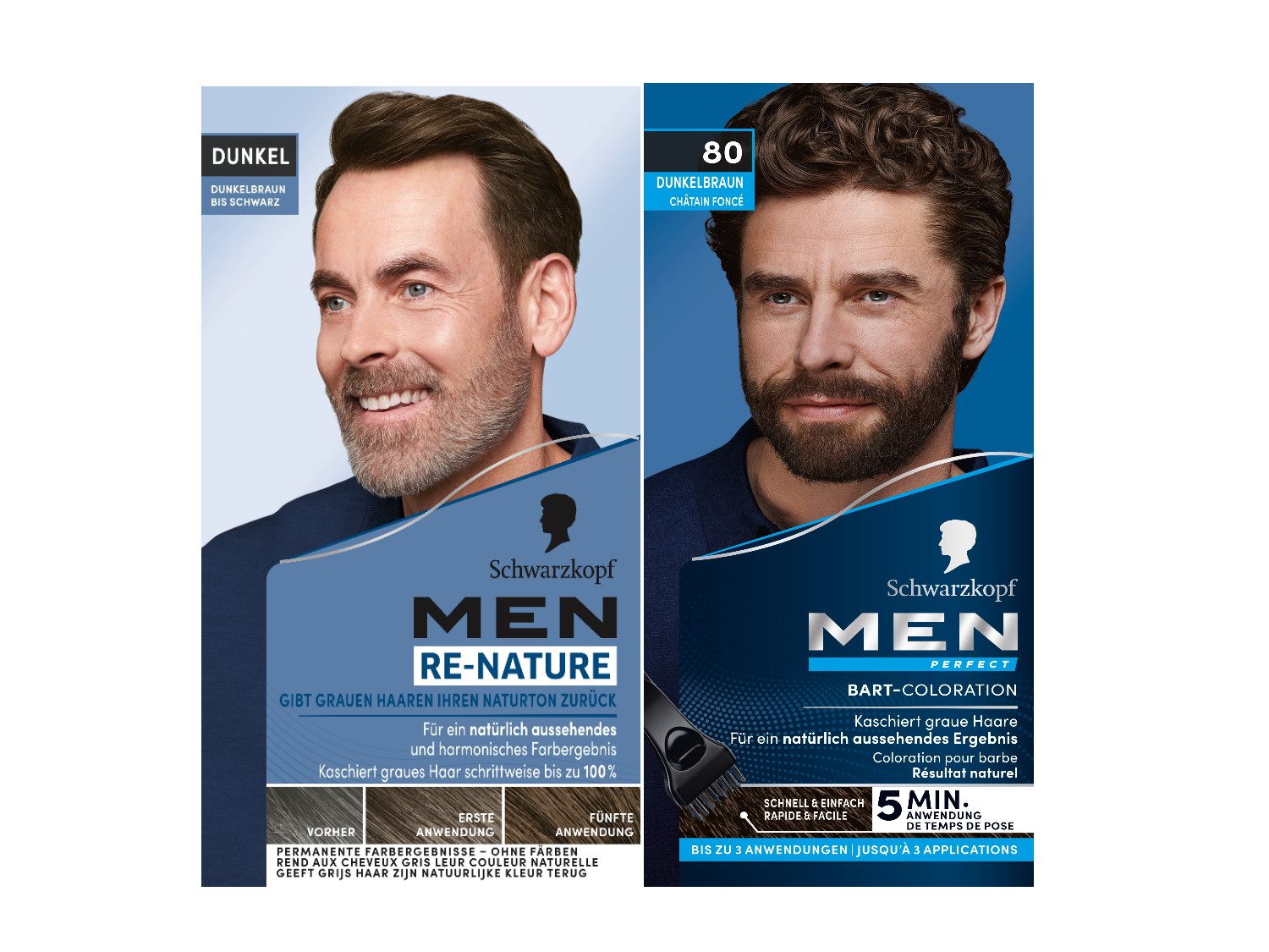 Schwarzkopf Bartfarbe Men Perfect Dunkelbraun 30 ml & Men Re-Nature Dunkel 145 ml, Haar & Bart Doppelpack, 2-tlg., 1x 30 ml + 1x 145 ml, schnelles Kaschieren grauer Haare für ein natürliches Ergebnis