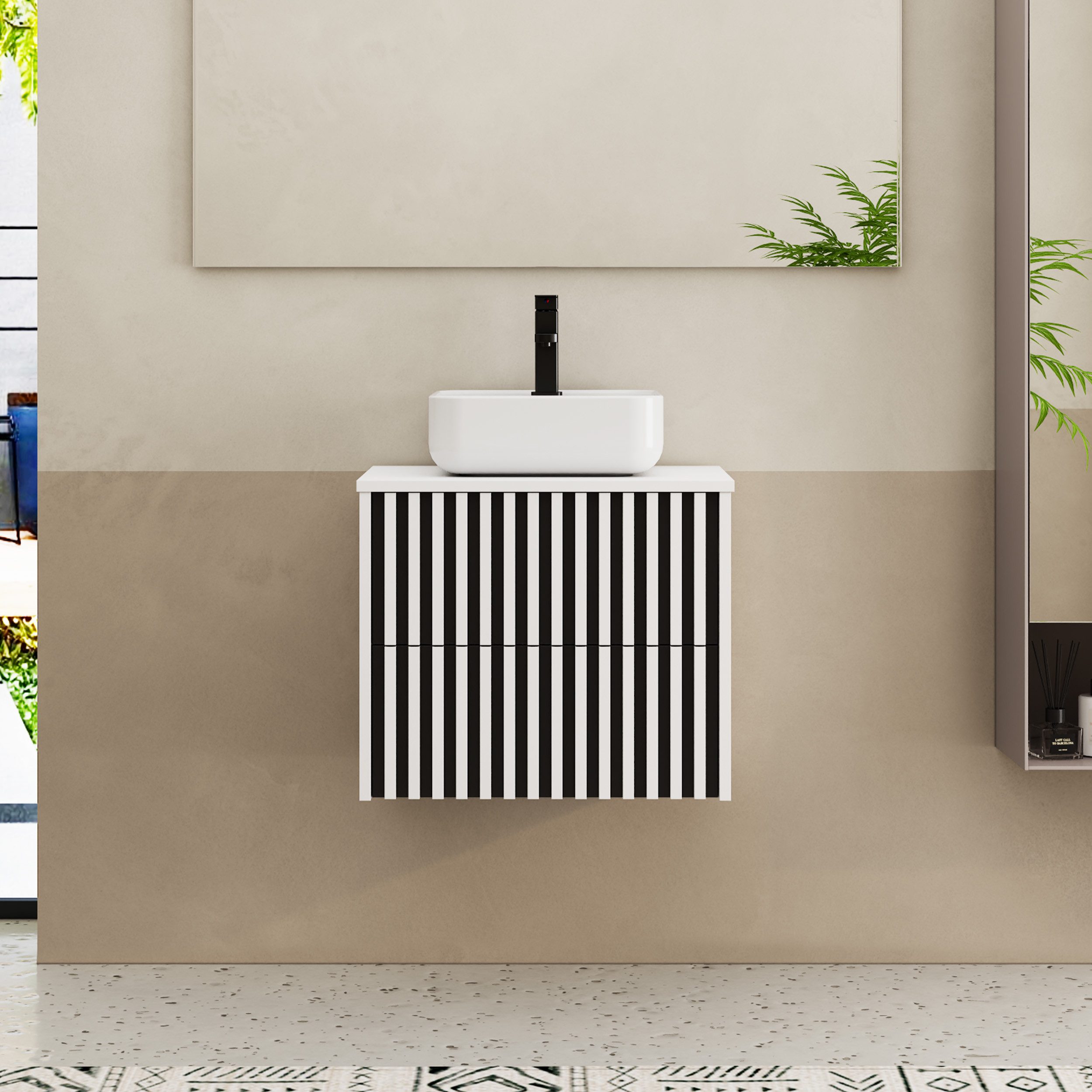UEV Waschtisch mit Unterschrank hängend Rechteckiges Keramikwaschbecken (Komplett-Set Badmöbel, Badezimmmer Schrank, mit Wasserhahn und Pop-up-Ablassventil Aufsatz-Waschbecken), Soft-close Schubladen,Waschbeckenunterschrank mit 2 Schubladen