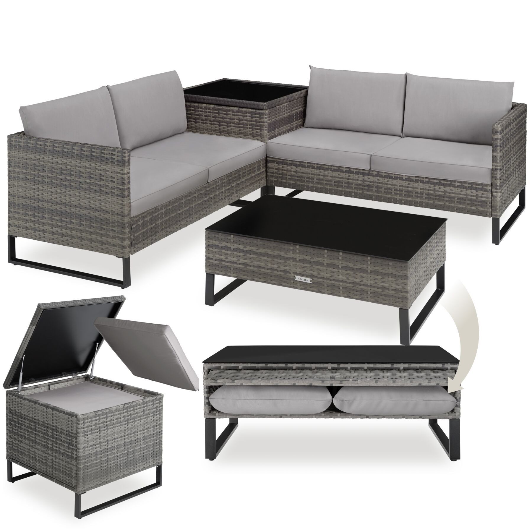 tectake Loungeset Rattan Sitzgruppe inkl. großer Aufbewahrungsbox, für 4 Personen, (Gartenlounge-set Ostuni, 4-tlg., geeignet für Outdoor in Grau-meliert/Grau), widerstandsfähig und UV-beständig, Dicke der Polster 9 cm