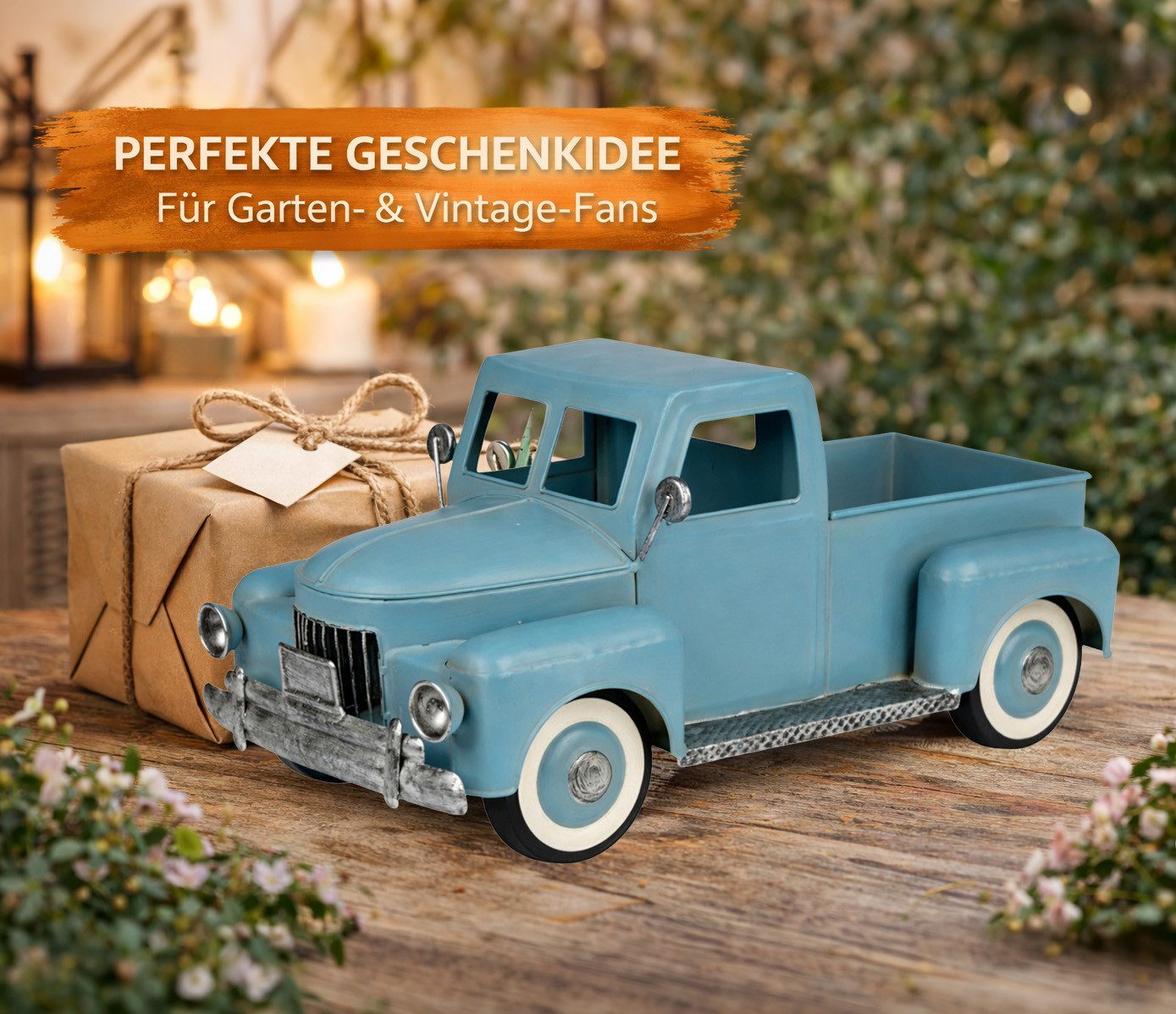 formano Gartenfigur Deko Auto Vintage Metall 42 cm Garten Truck Blau Fahrzeug handbemalt