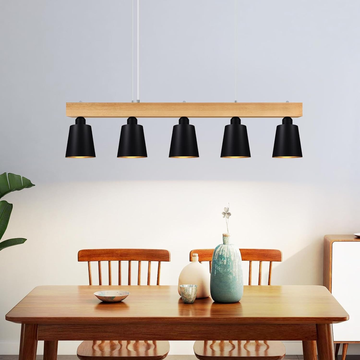 ZMH Pendelleuchte Esstisch Holz, 3/5-flammige Hängeleuchte E27, höhenverstellbar, LED wechselbar, Warmweiß, Abhängung bis 150 cm