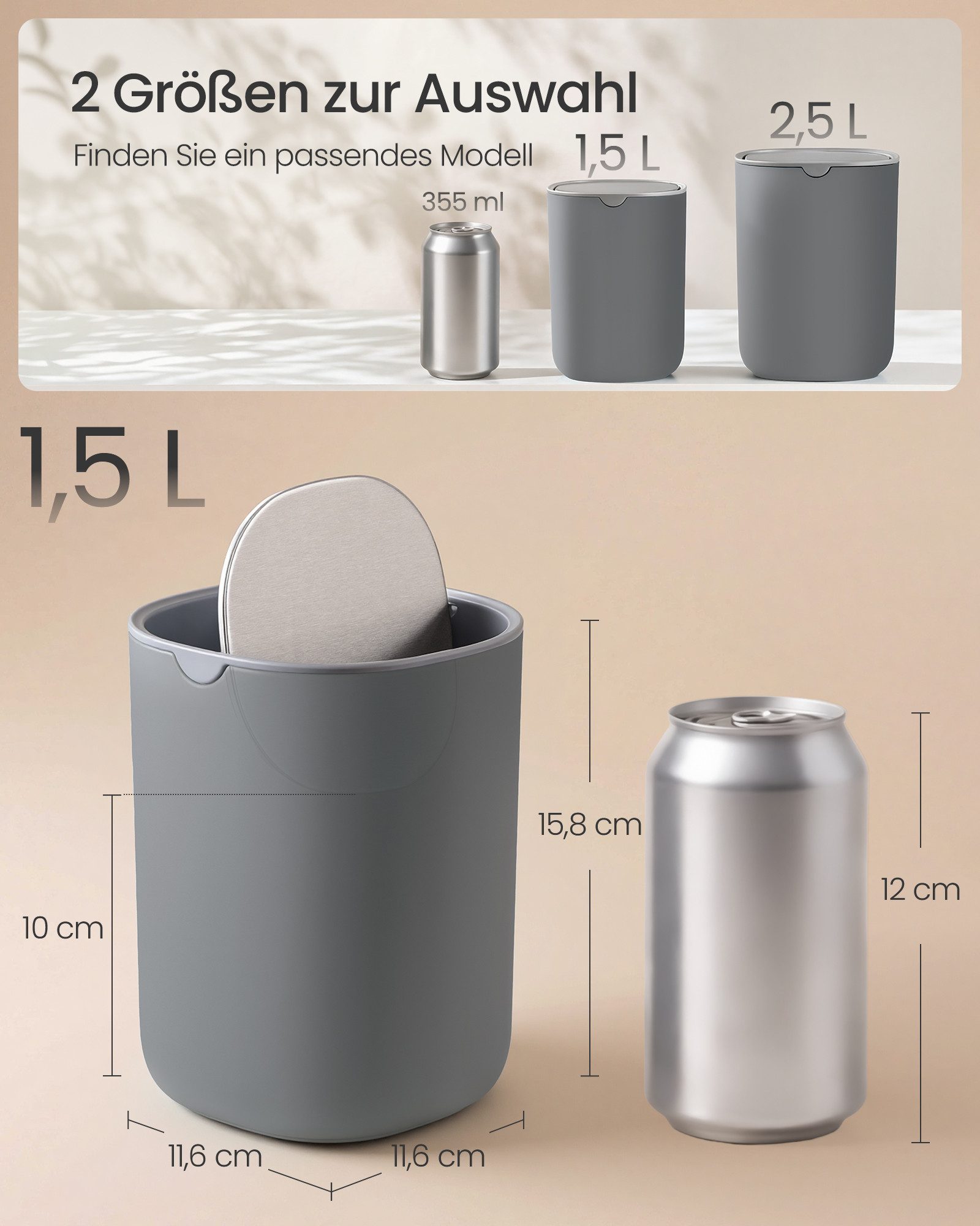 SONGMICS Kosmetikeimer mit Deckel, Tischmülleimer, 1.5L, für Schreibtisch, Schlafzimmer, Auto, Schwingdeckel aus Edelstahl
