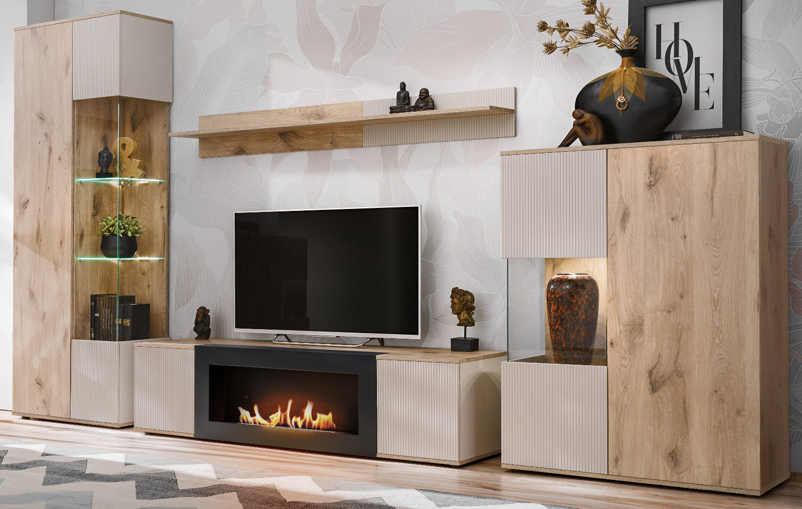 Inn.Furn Wohnwand Cathlyn, (Schrankwand 4-teilig mit integriertem Ethanol Kamin, Eiche mit Kaschmir, 350 x 197 cm), mit Push-To-Open, inklusive Beleuchtung