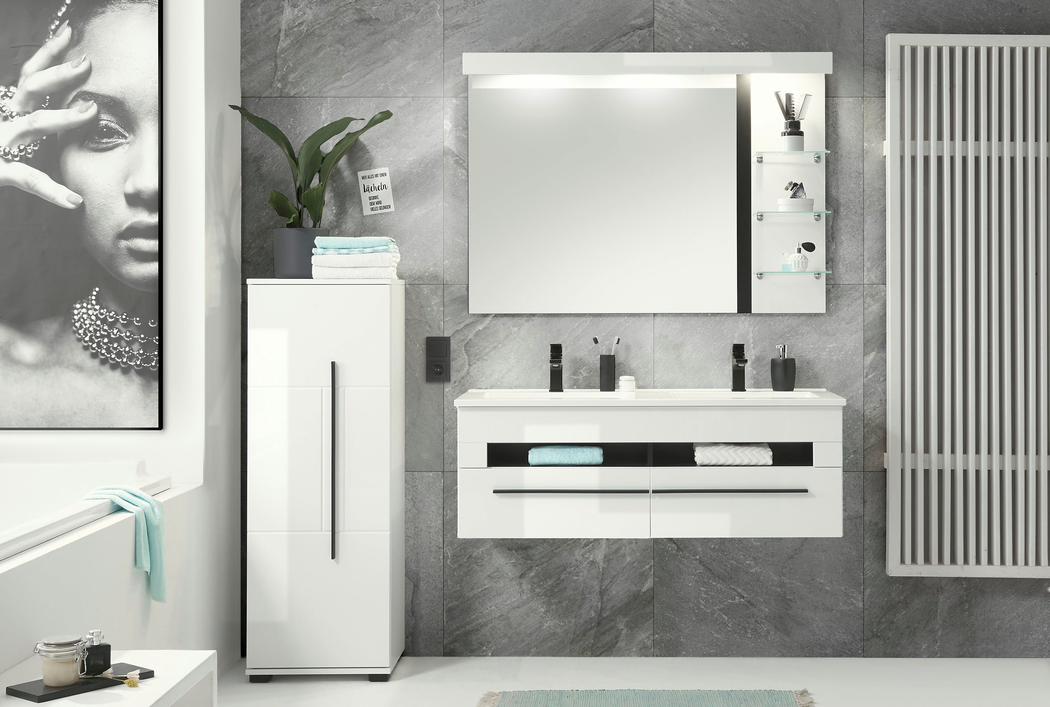 Home affaire Badmöbel-Set Cantara, Bad im modernen Design, 3-teiliges Badezimmer, (Set, 3-St), Waschtisch, Schrank und Spiegel, in Weiß Hochglanz, viel Stauraum