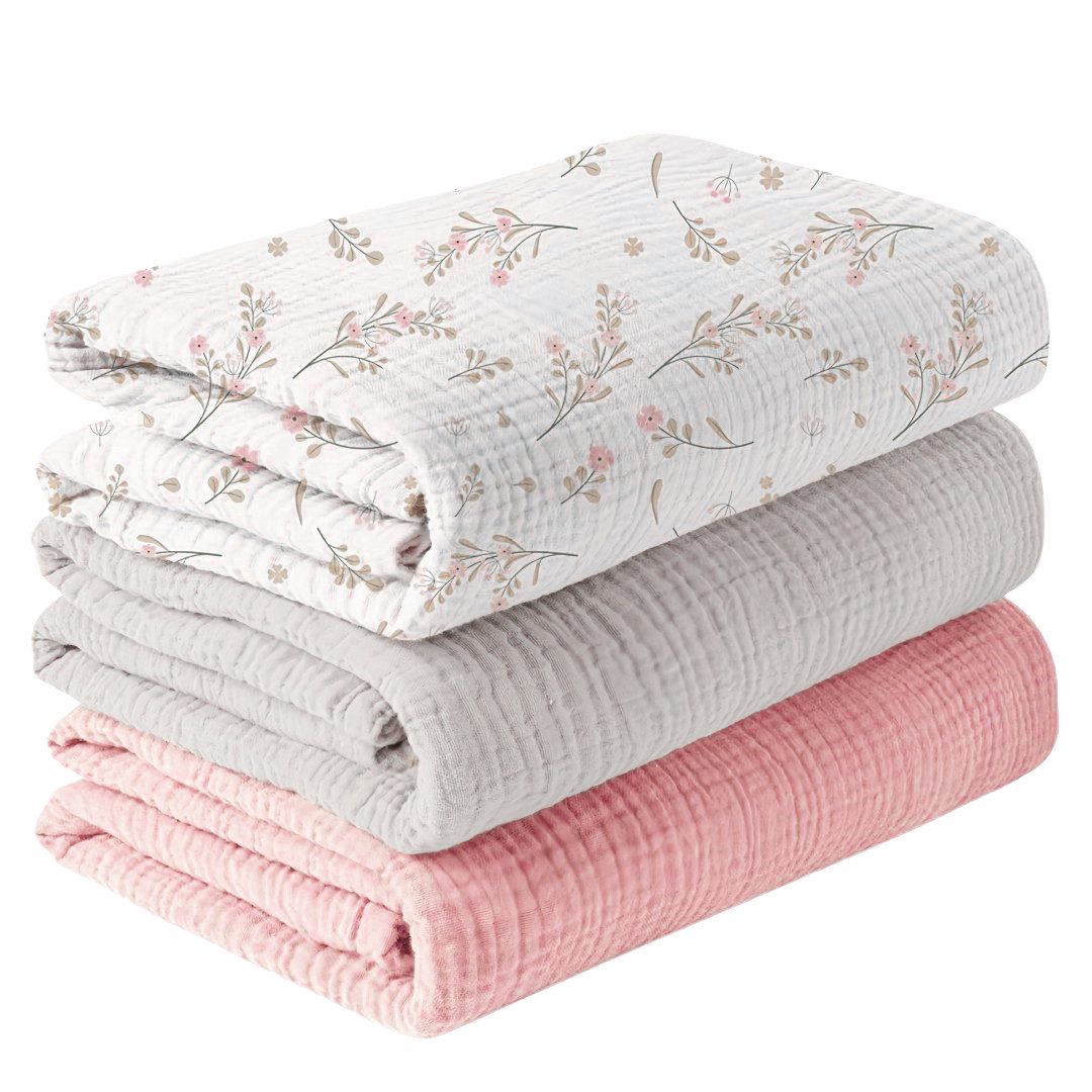 FOUORTUNATE-BEE Stoffwindeln 3er Mulltücher Baby 100x100 cm Pucktuch Musselin Spucktuch Set, Babydecke Schnuffeltuch Stilltuch Kinderwagen Geschenk Neugeborene