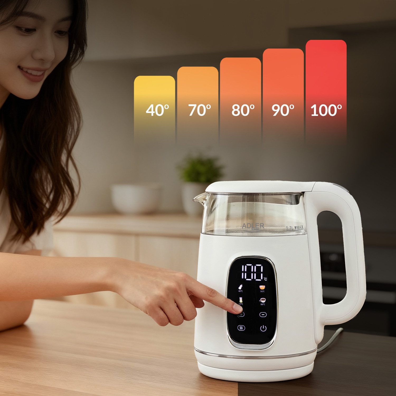 Adler Wasserkocher AD 1305 Elektrischer Glas-Wasserkocher 1.7L, 1.7 l, 2200 W, Temperaturregelung, LED-Anzeige, Touchpanel