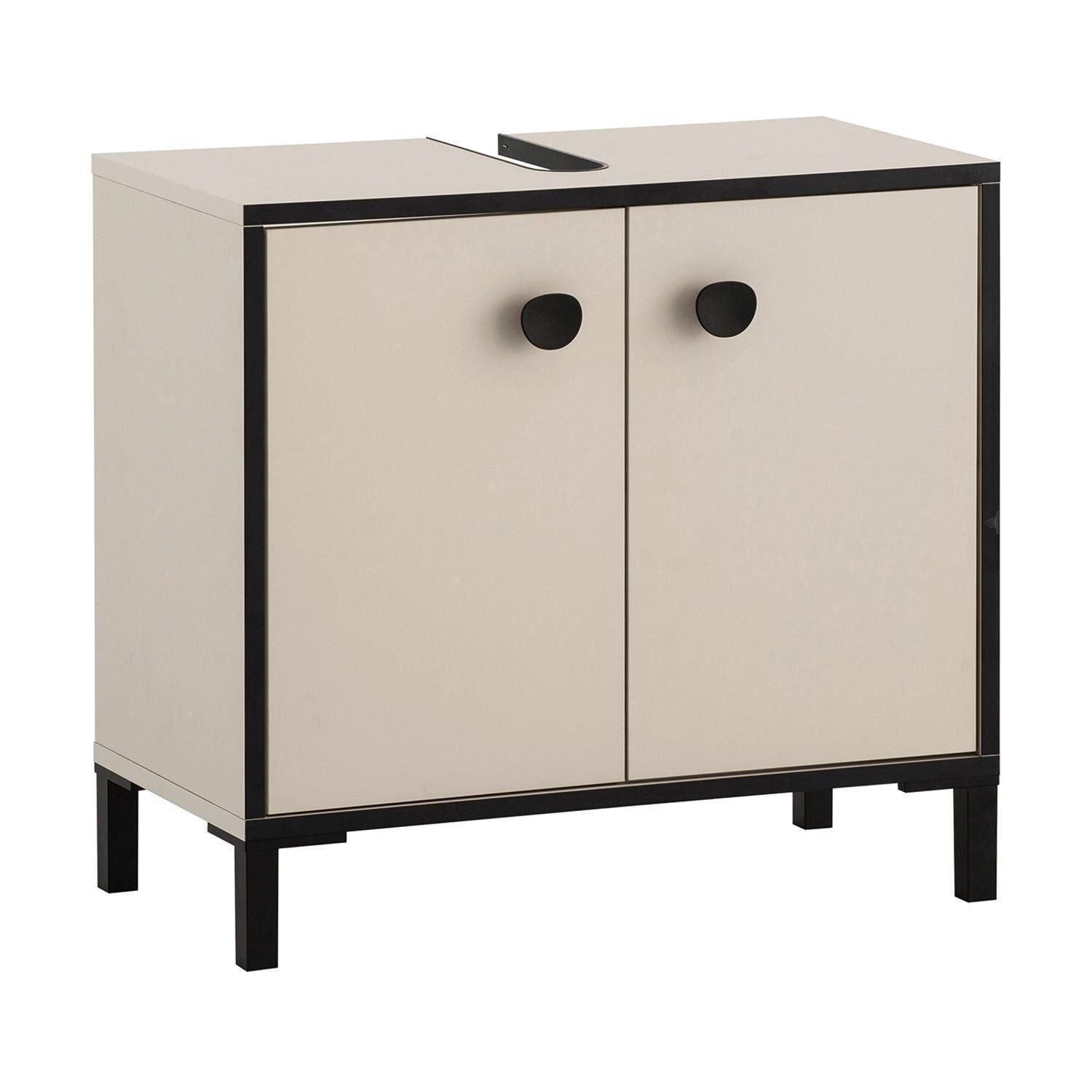 Schildmeyer Waschbeckenunterschrank EDDA, 2 Türen, Cremebeige, Schwarz, B 65 x H 60 x T 33 cm