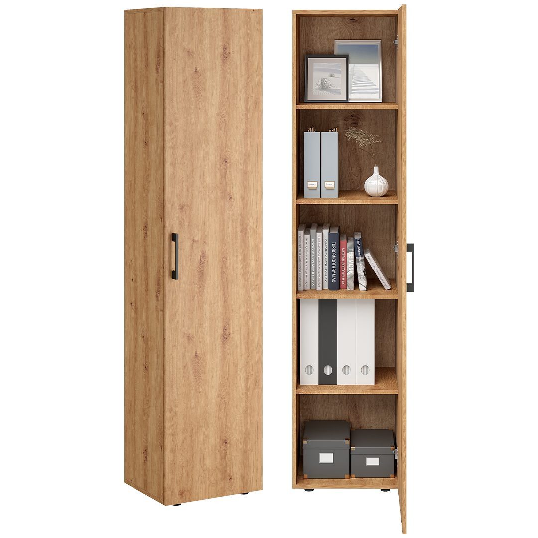Bellamio Mehrzweckschrank Apol, Hochschrank aus Holz, Aufbewahrungsschrank (Eichenoptik) schmaler Aktenschrank mit 2 Türen & 5 Fächern, robust & kratzfest