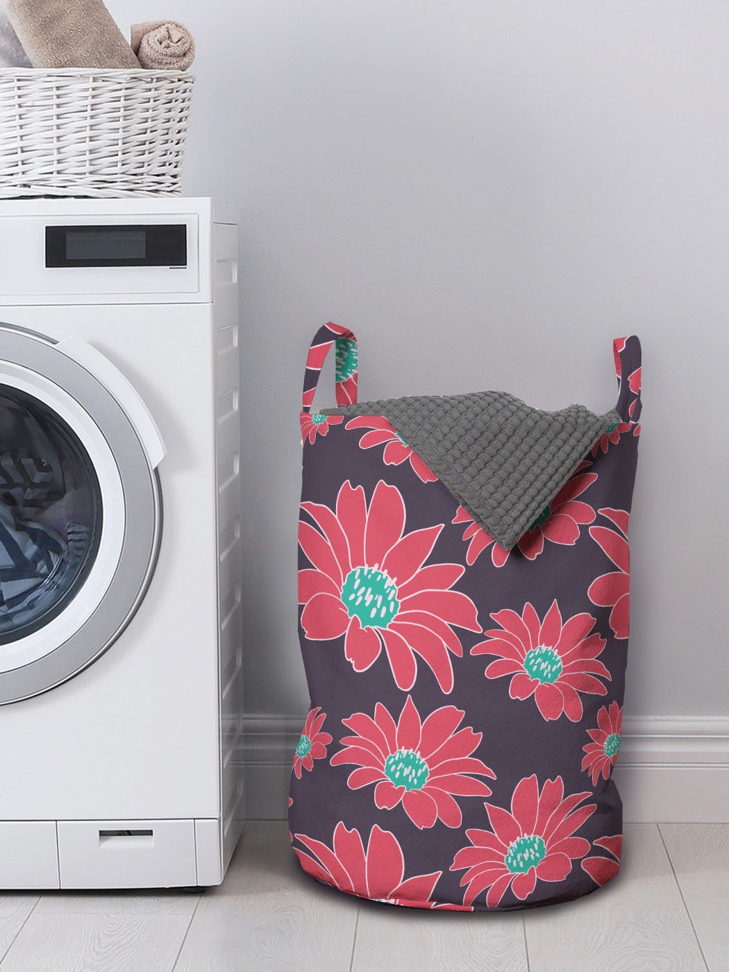 Wäschesäckchen mit Griffen Abakuhaus für Botanisch Waschsalons, Wäschekorb Blumen-Muster Romantisches Kordelzugverschluss