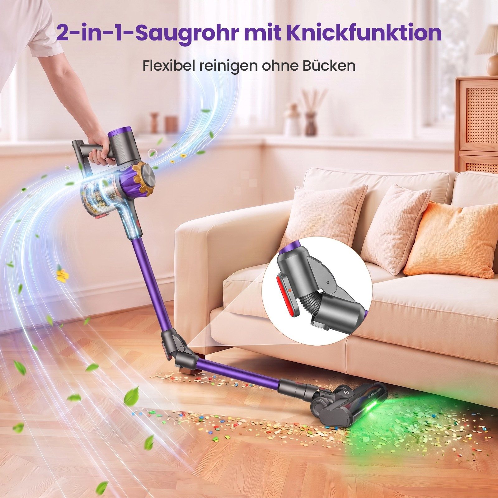 DyMona Akku-Hand-und Stielstaubsauger Akkustaubsauger 75000Pa/600W/70Min Staubsauger Kabellos Selbststehend, Elektrischer Staubsauger mit Flexibles Biegegelenk,1,2L Behalter, Anti-Tangle,Green LED,für Hartböden Teppiche Tierhaare Auto