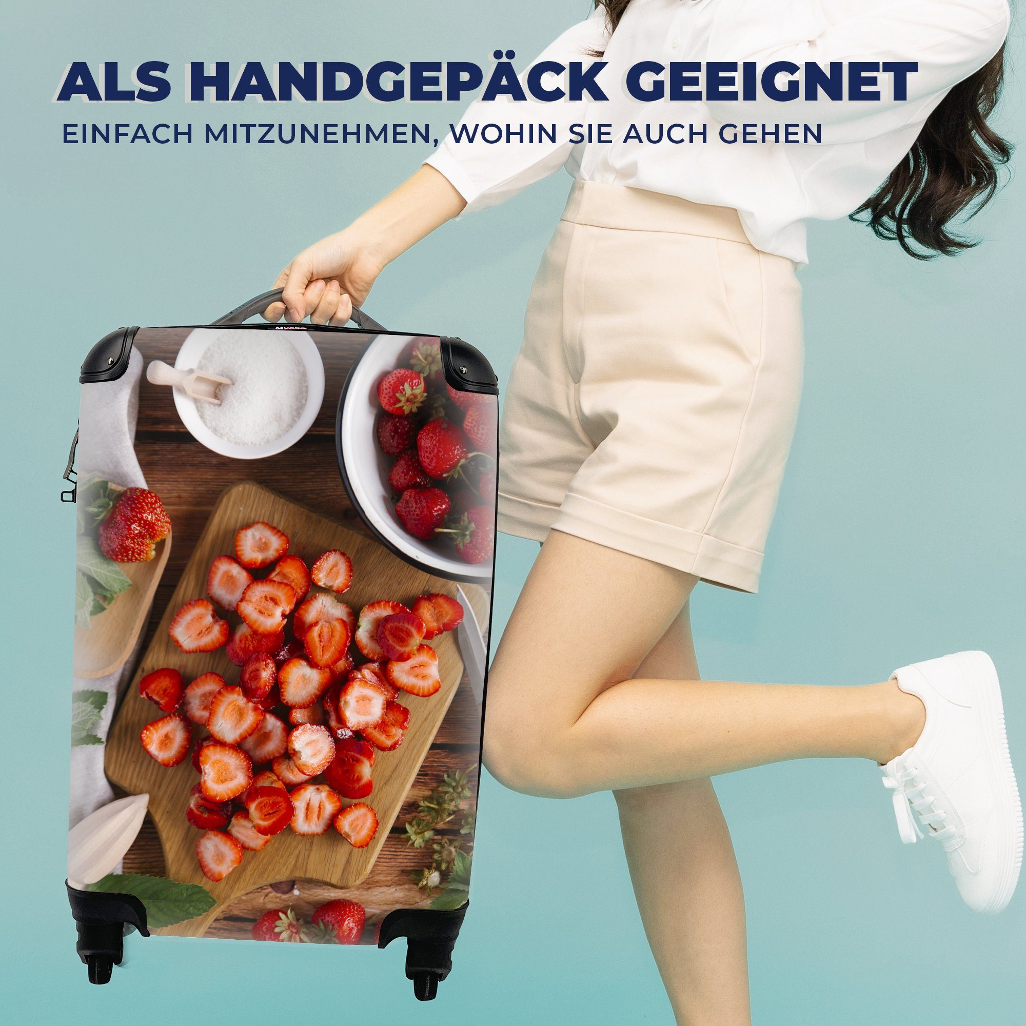 Rollen, Handgepäckkoffer Erdbeeren Schneidebrett, einem Reisekoffer rollen, 4 Ferien, mit MuchoWow Reisetasche auf für Trolley, Handgepäck